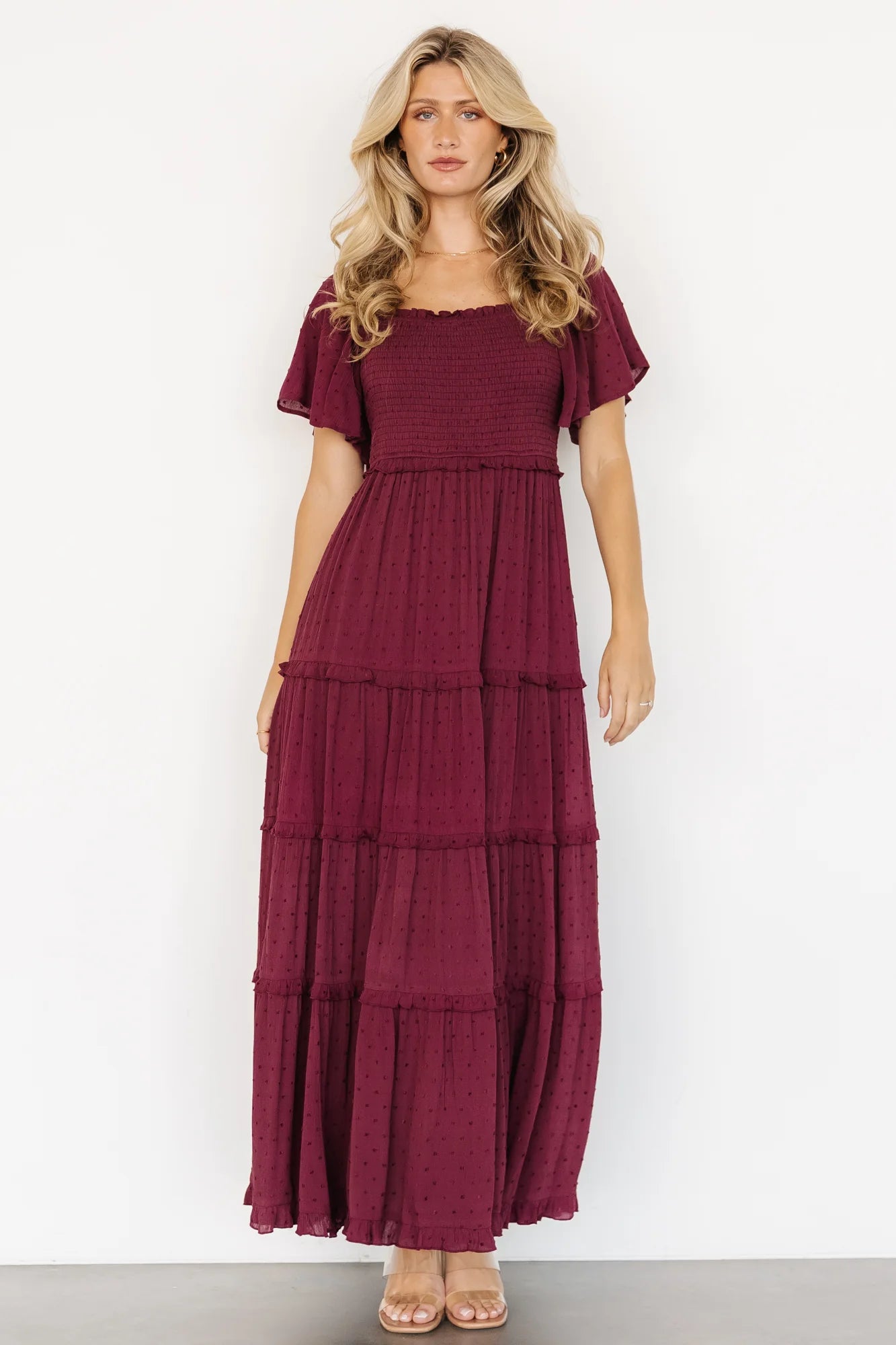 Lenora Smocked Dotted Maxi Dress | Wine