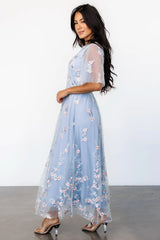 Arabella Embroidered Tulle Maxi Dress | Light Blue + Blush