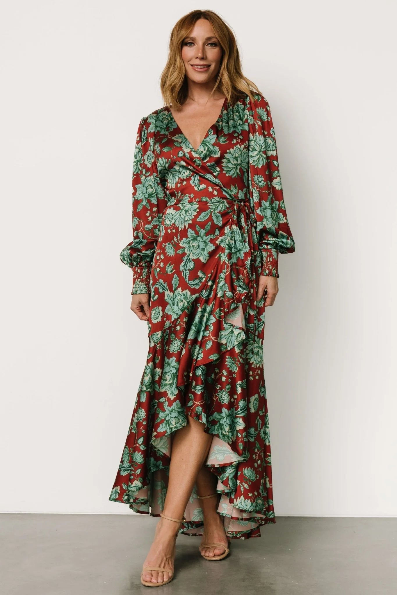 Lavinia Ruffle Maxi Dress | Rust + Green Floral