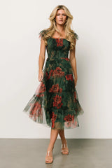 Clementine Tulle Midi Dress | Dark Green Floral