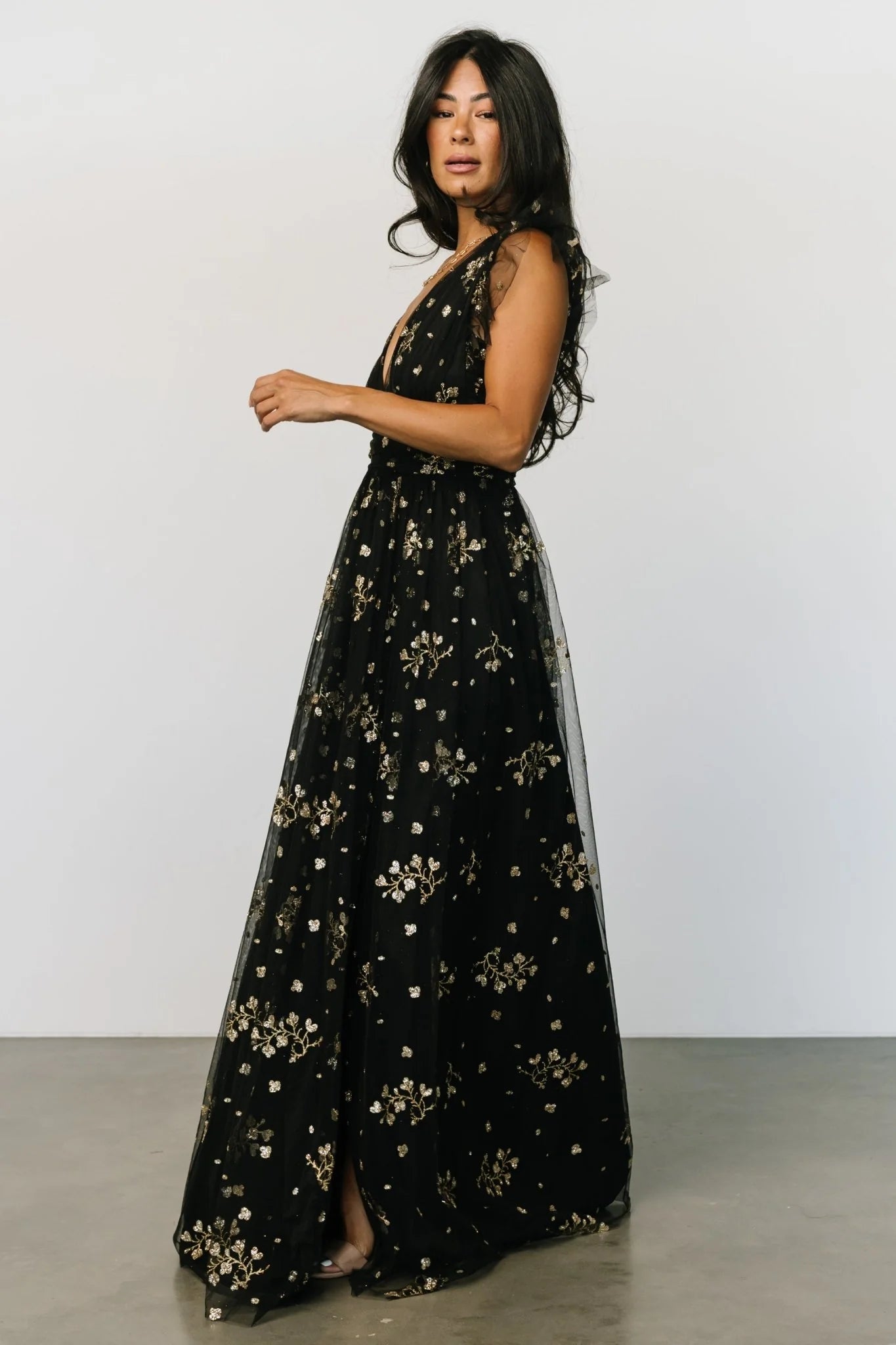 Natalia Floral Embellished Maxi Dress | Black + Gold