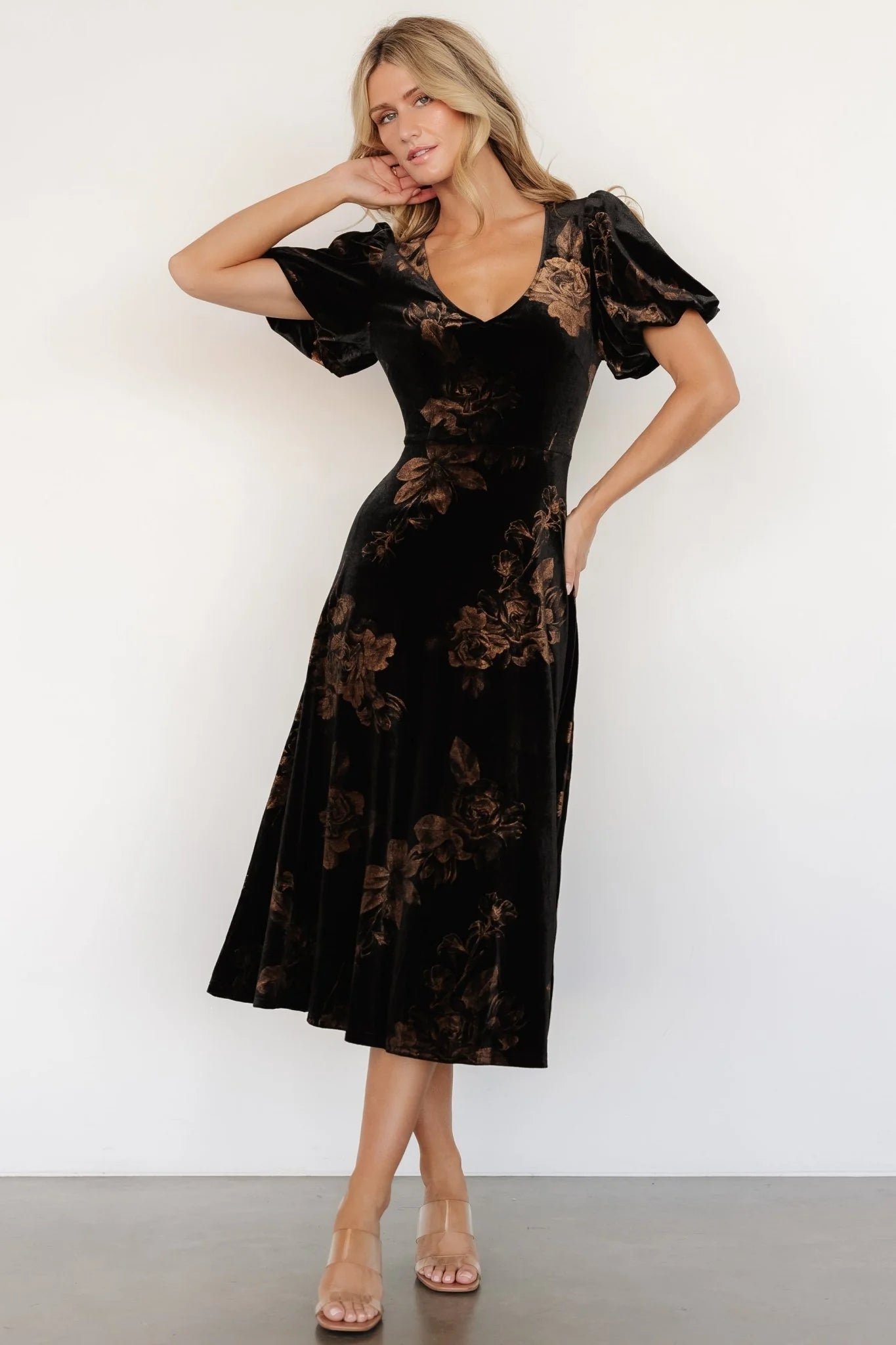 Janna Velvet Midi Dress | Black + Bronze Floral