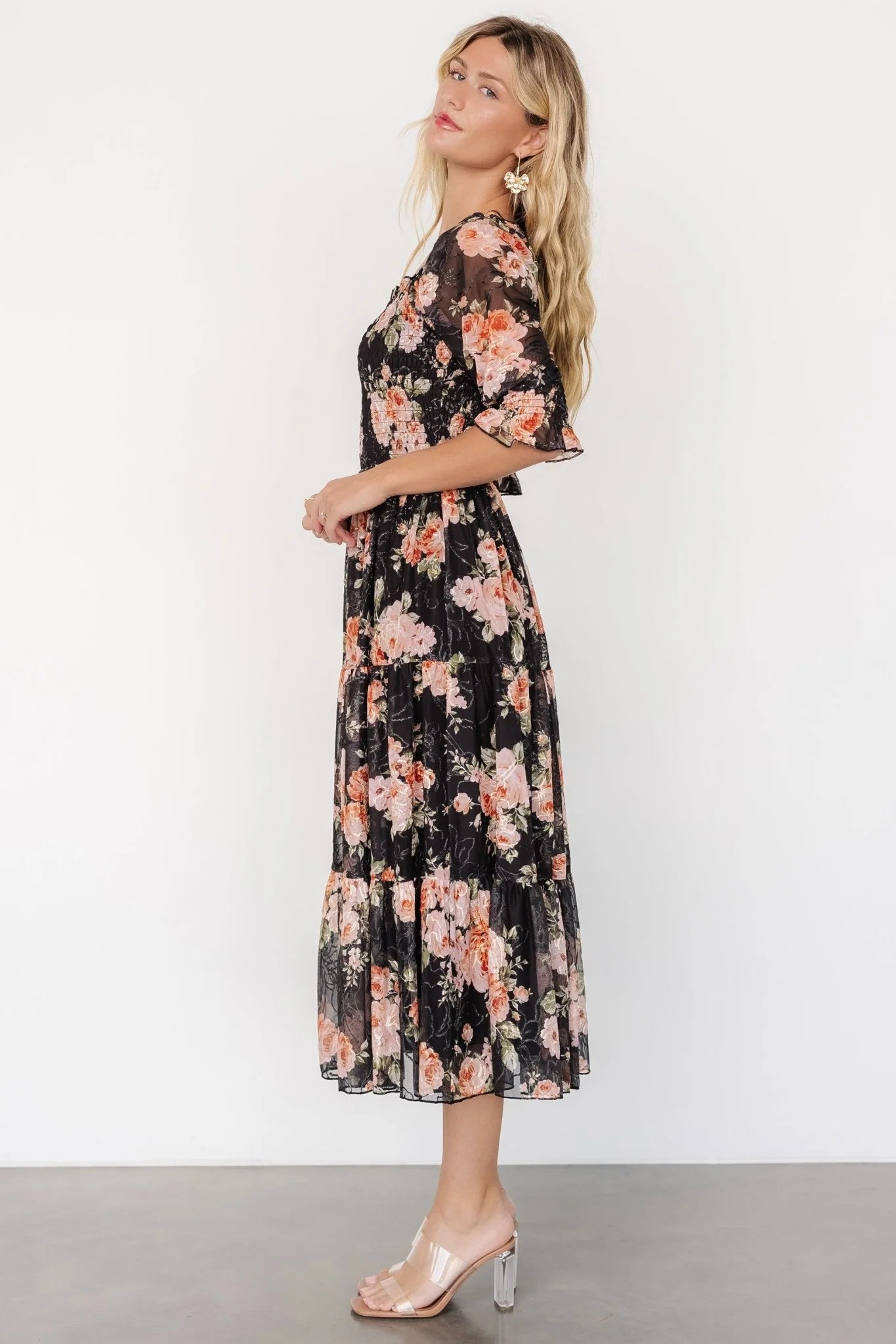 Fabian Jacquard Midi Dress | Peach + Black Floral