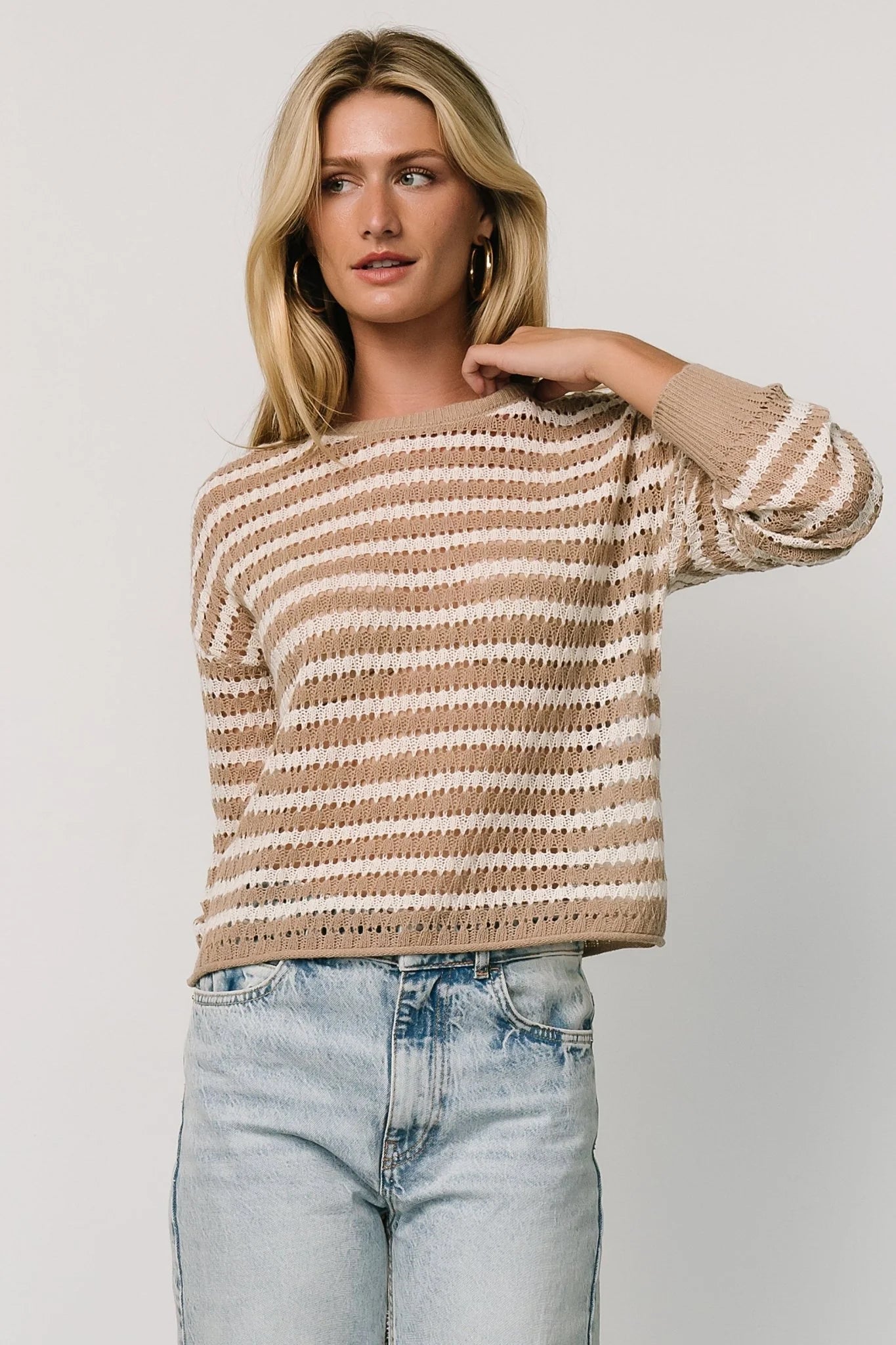 Dawn Open Knit Top | Taupe + Ivory