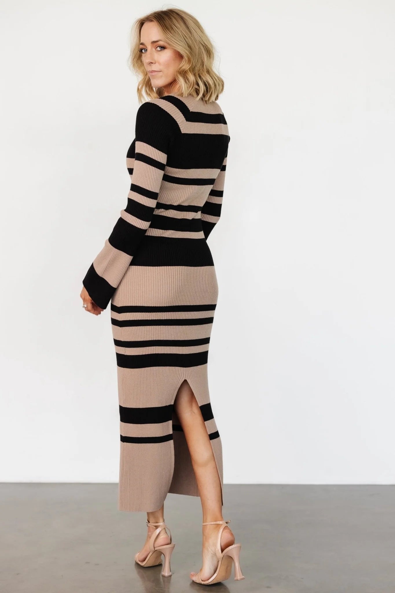 Marika Ribbed Dress | Camel + Black Stripe