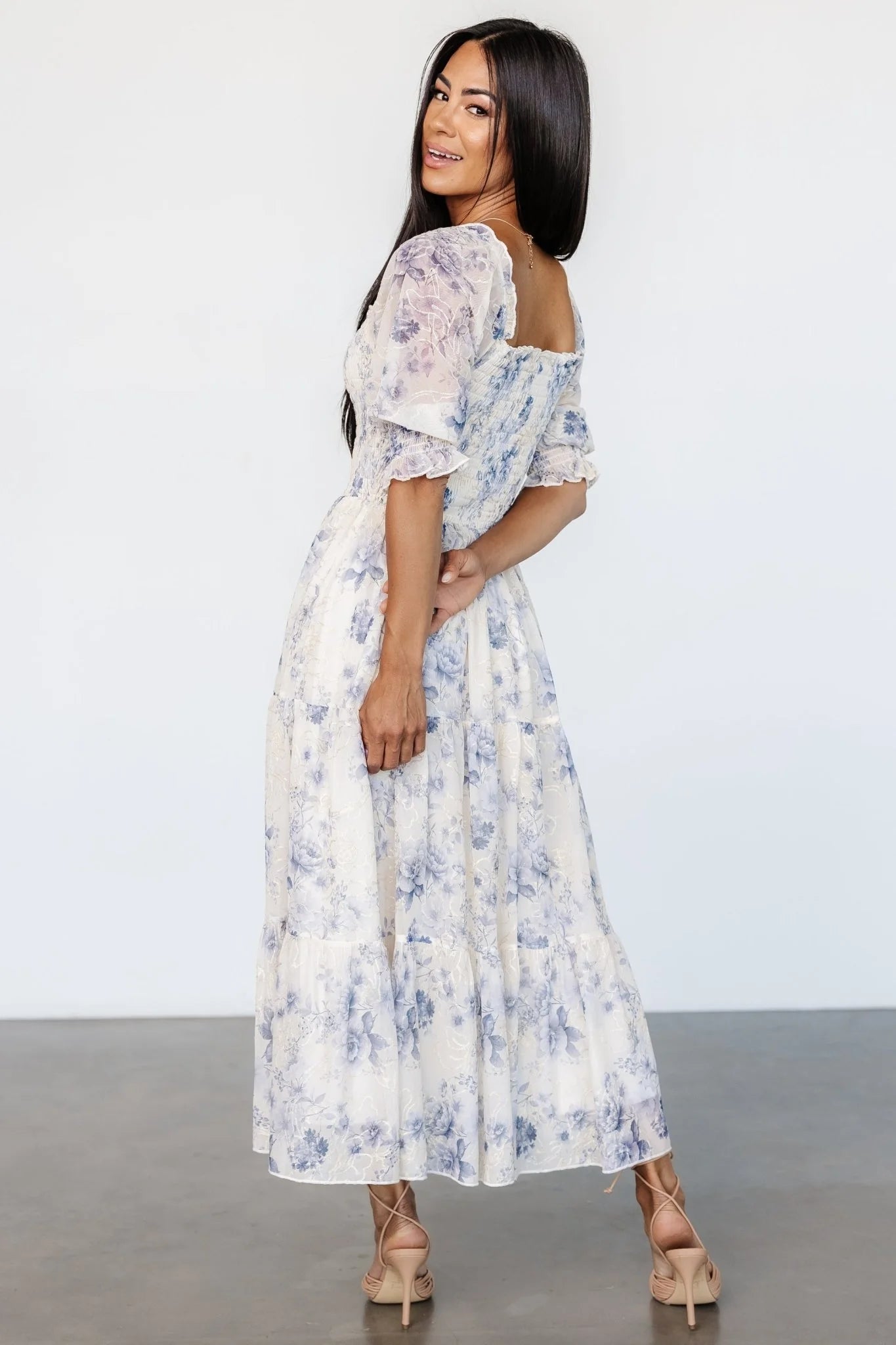 Fabian Jacquard Midi Dress | Cream + Blue Floral