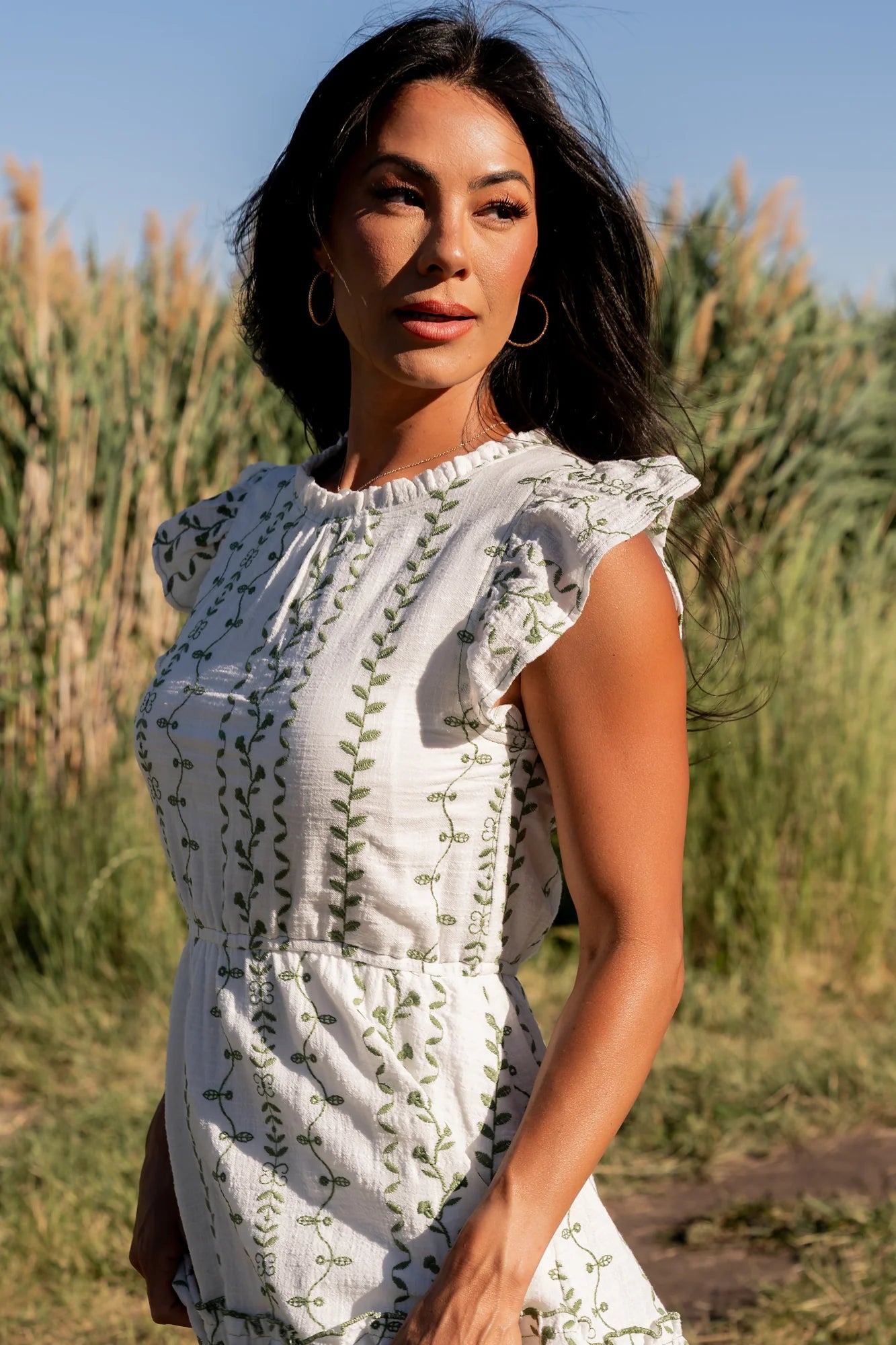 Frida Embroidered Midi Dress | White + Green Print