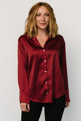 Kacey Satin Button Up Top | Burgundy