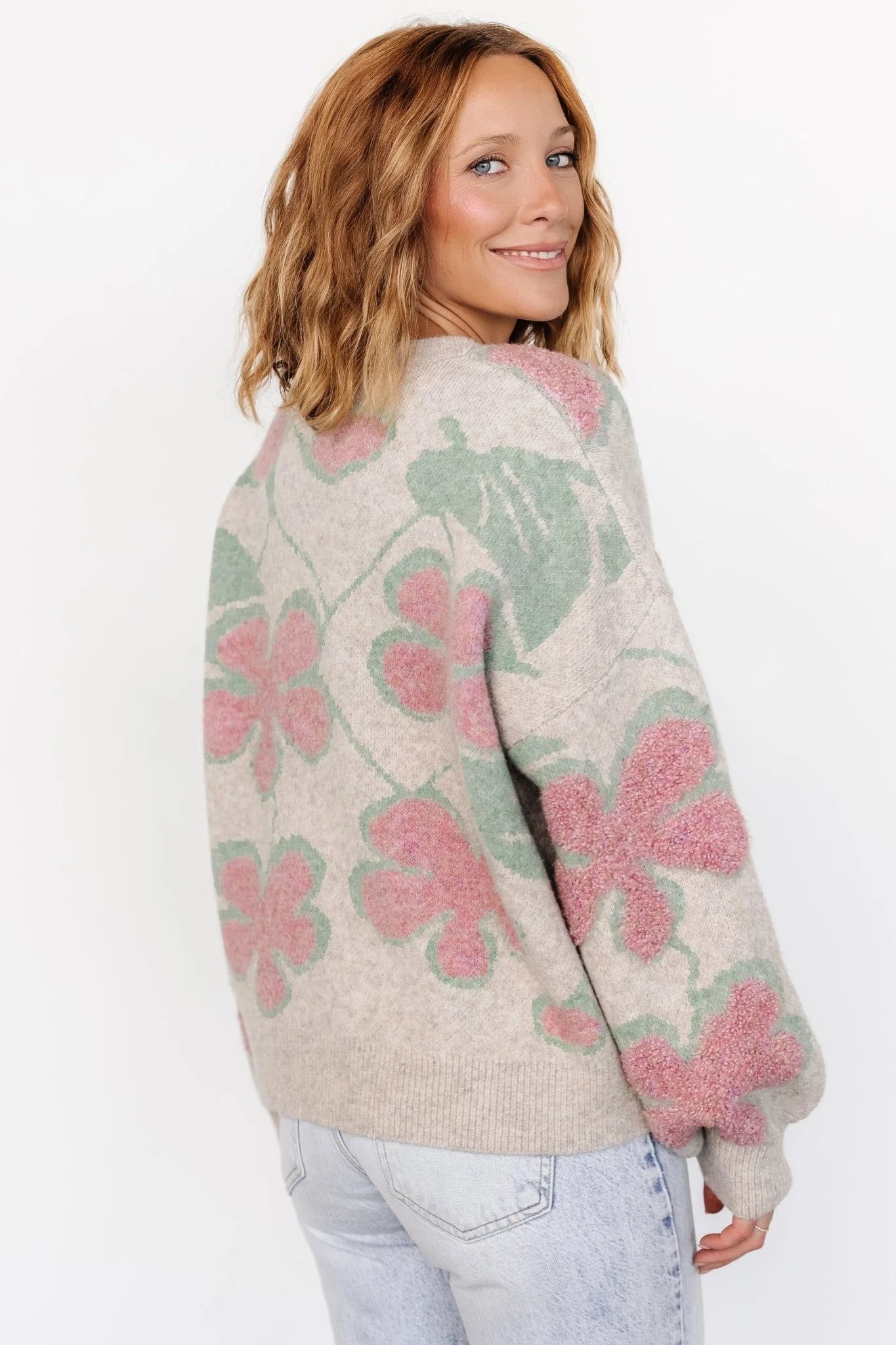 Lisbeth Flower Sweater | Green + Pink