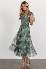 Clementine Tulle Midi Dress | Dusty Green Print