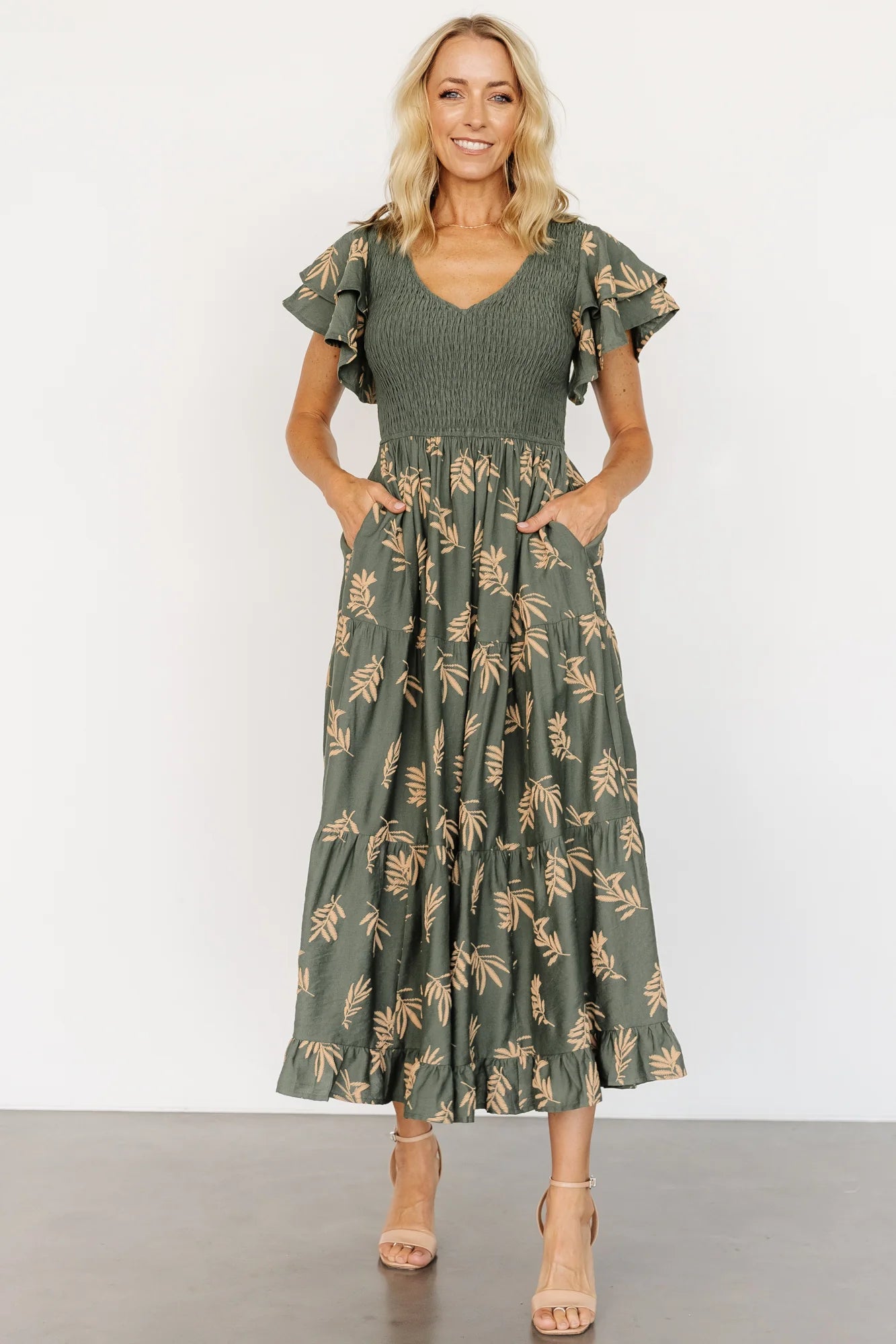 Estelle Smocked Midi Dress | Green + Tan Print