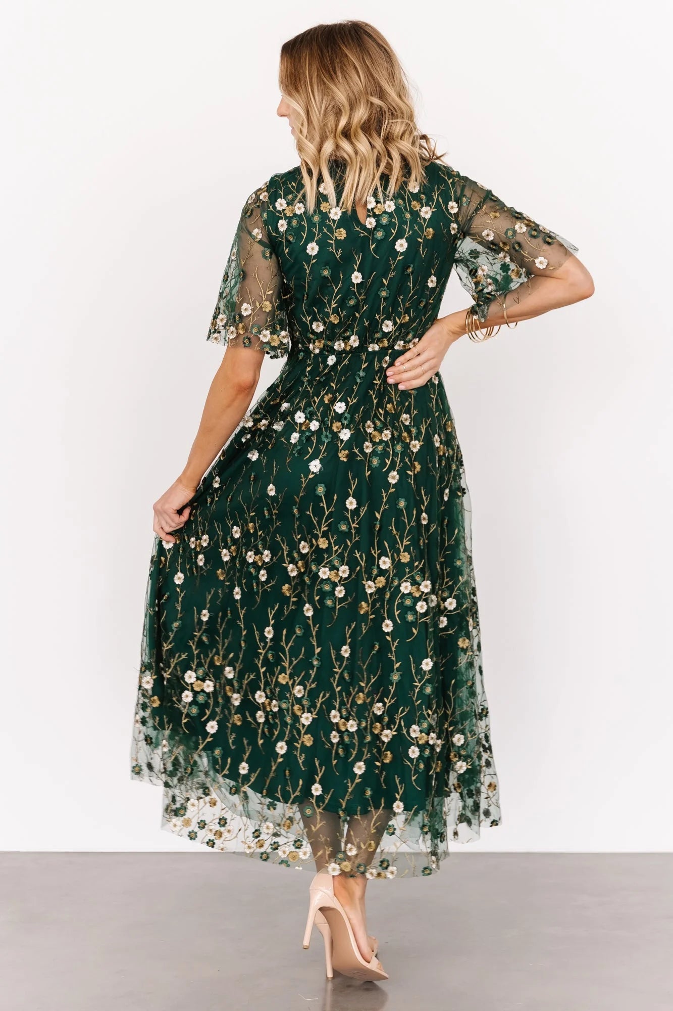 Arabella Embroidered Tulle Maxi Dress | Dark Green Floral
