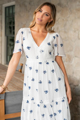 Jesenia Embroidered Dress | Off White + Navy