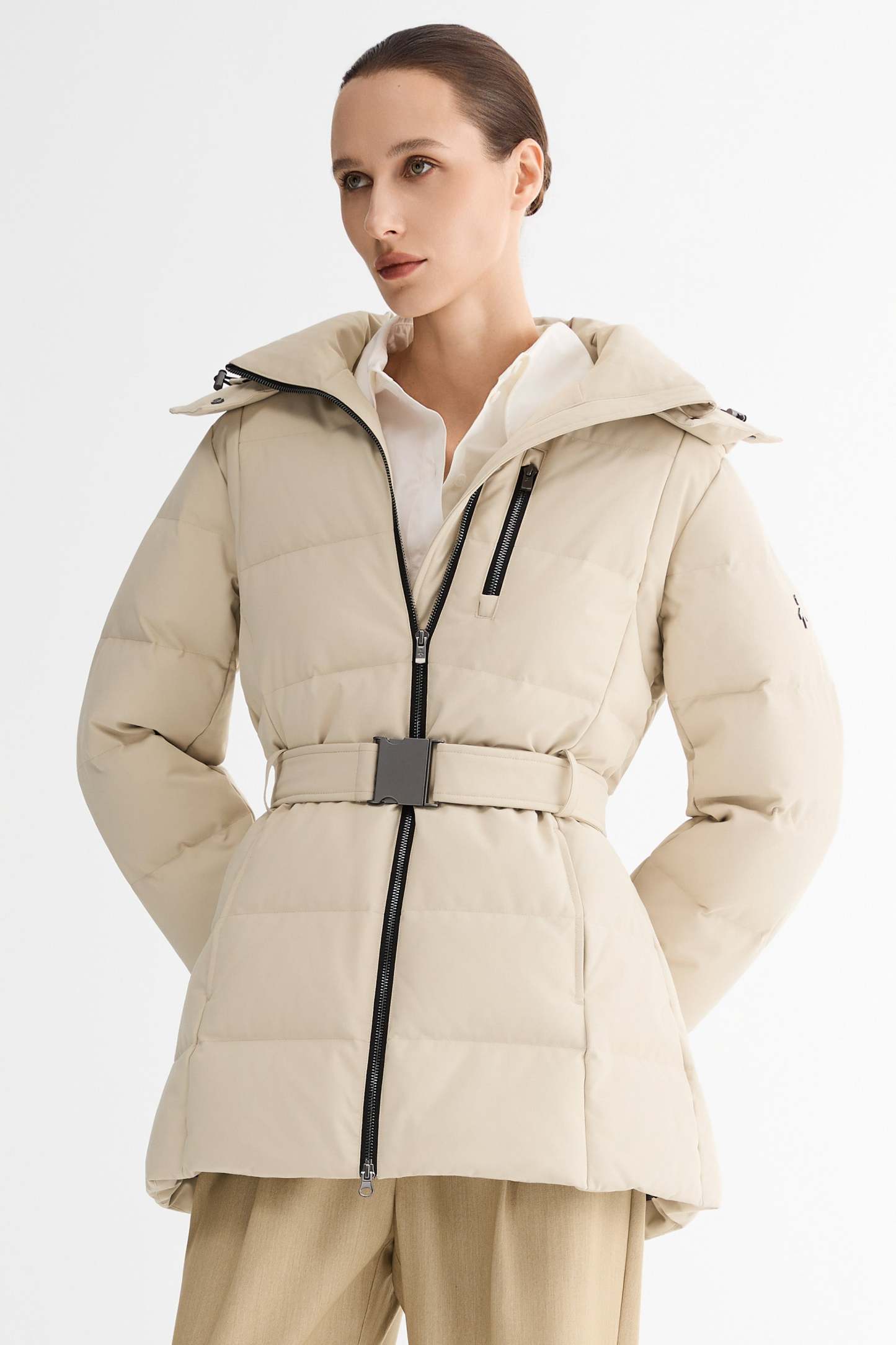 Celeste Polished Edge Belted Hooded Down Jacket