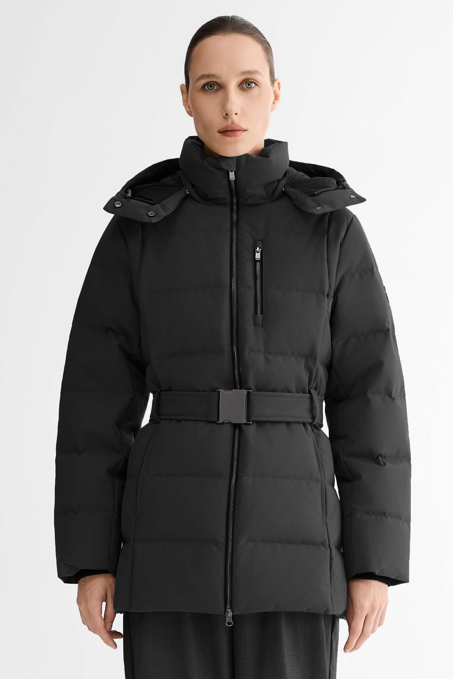 Celeste Polished Edge Belted Hooded Down Jacket