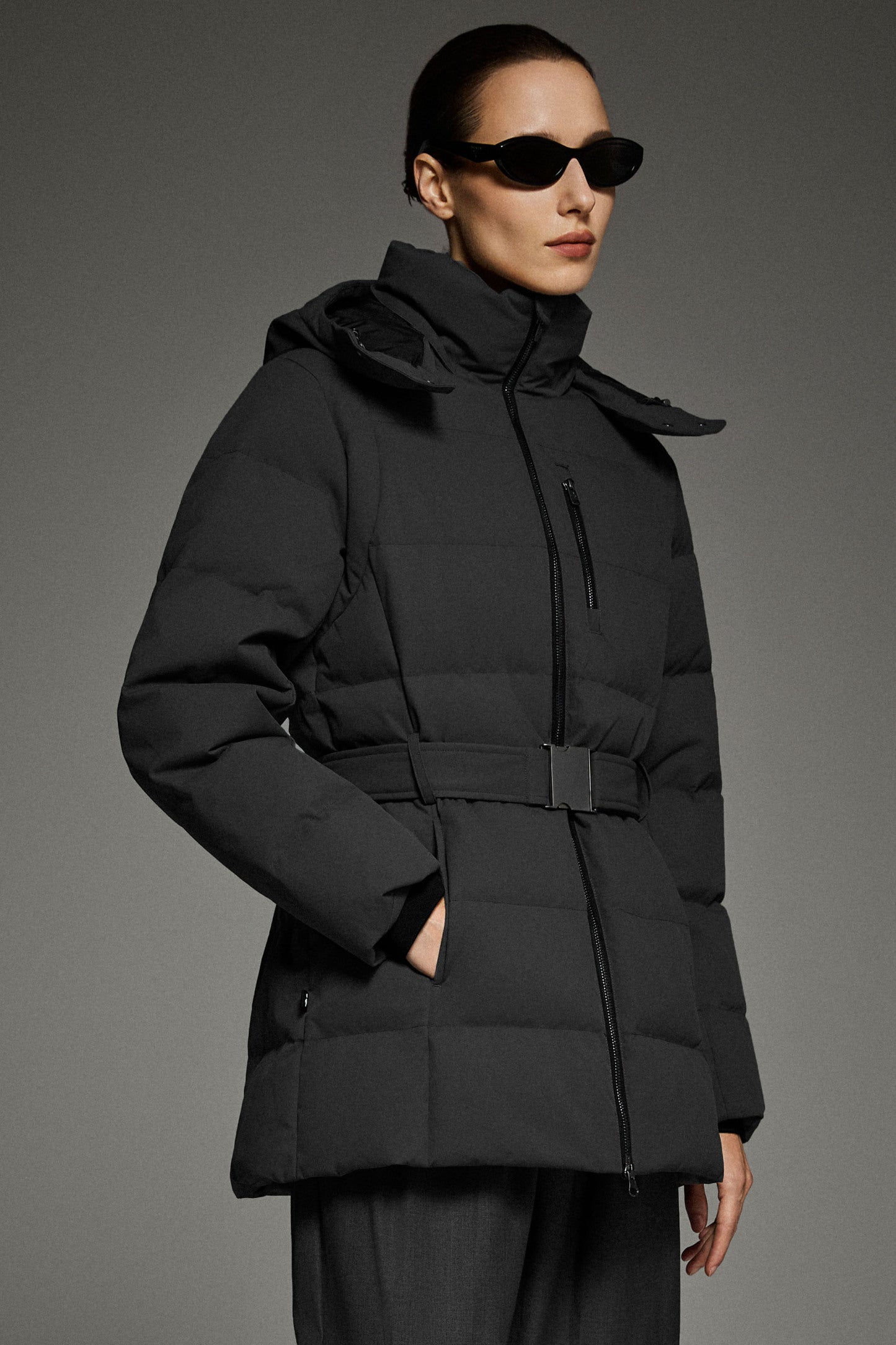 Celeste Polished Edge Belted Hooded Down Jacket