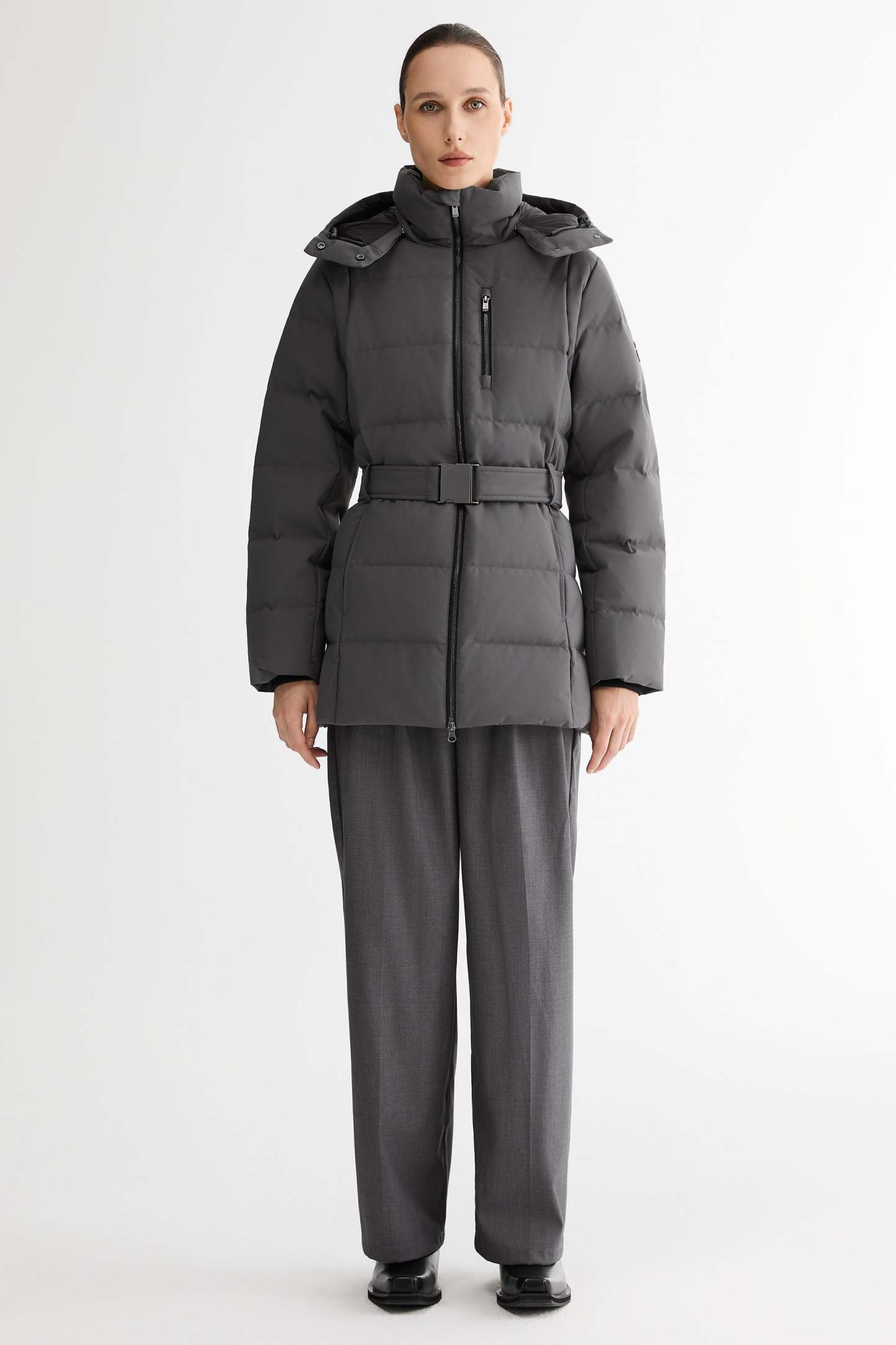Celeste Polished Edge Belted Hooded Down Jacket
