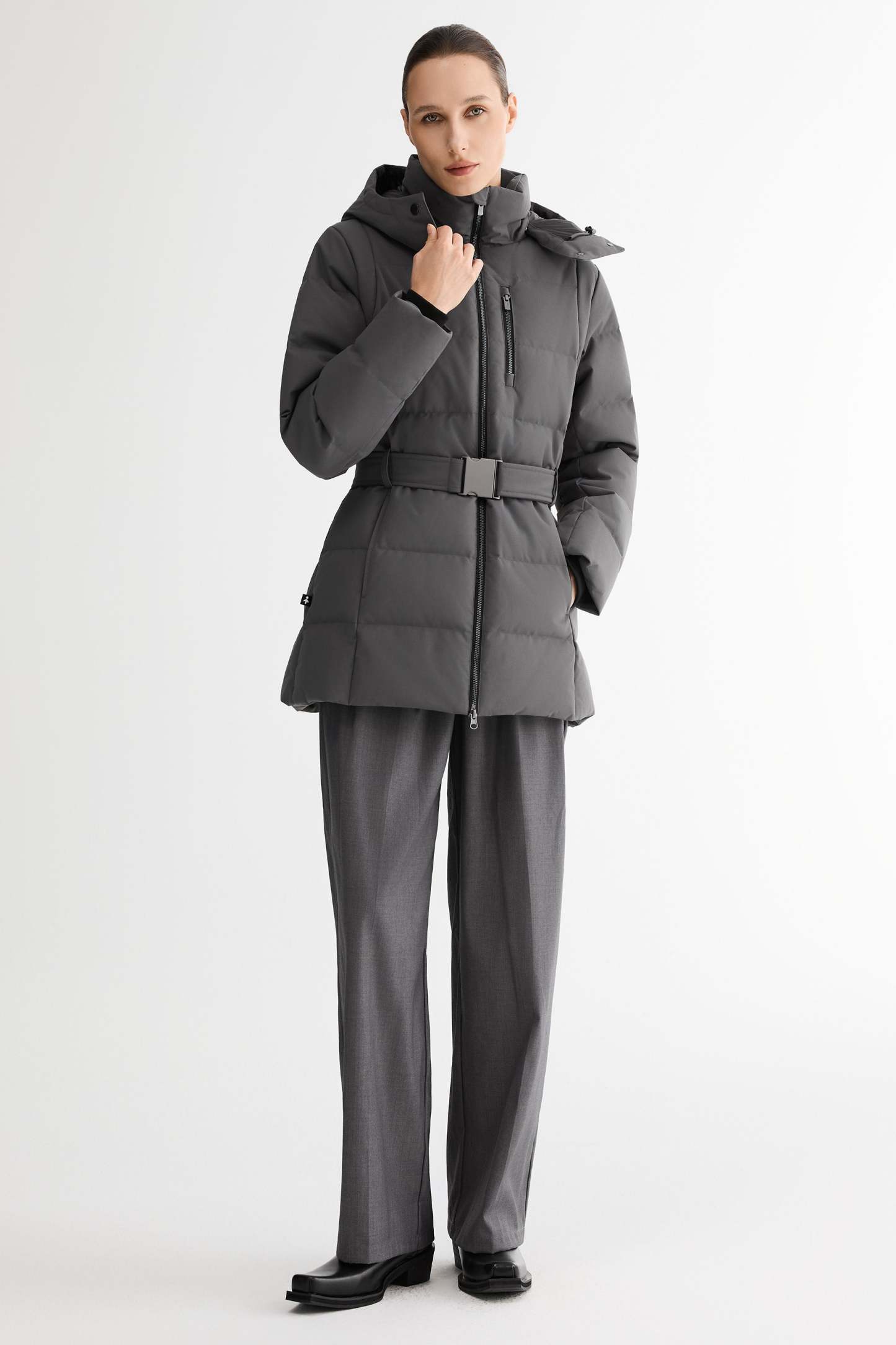 Celeste Polished Edge Belted Hooded Down Jacket