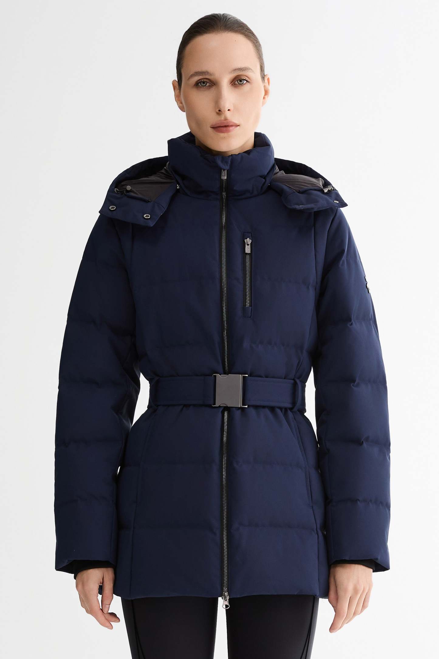 Celeste Polished Edge Belted Hooded Down Jacket