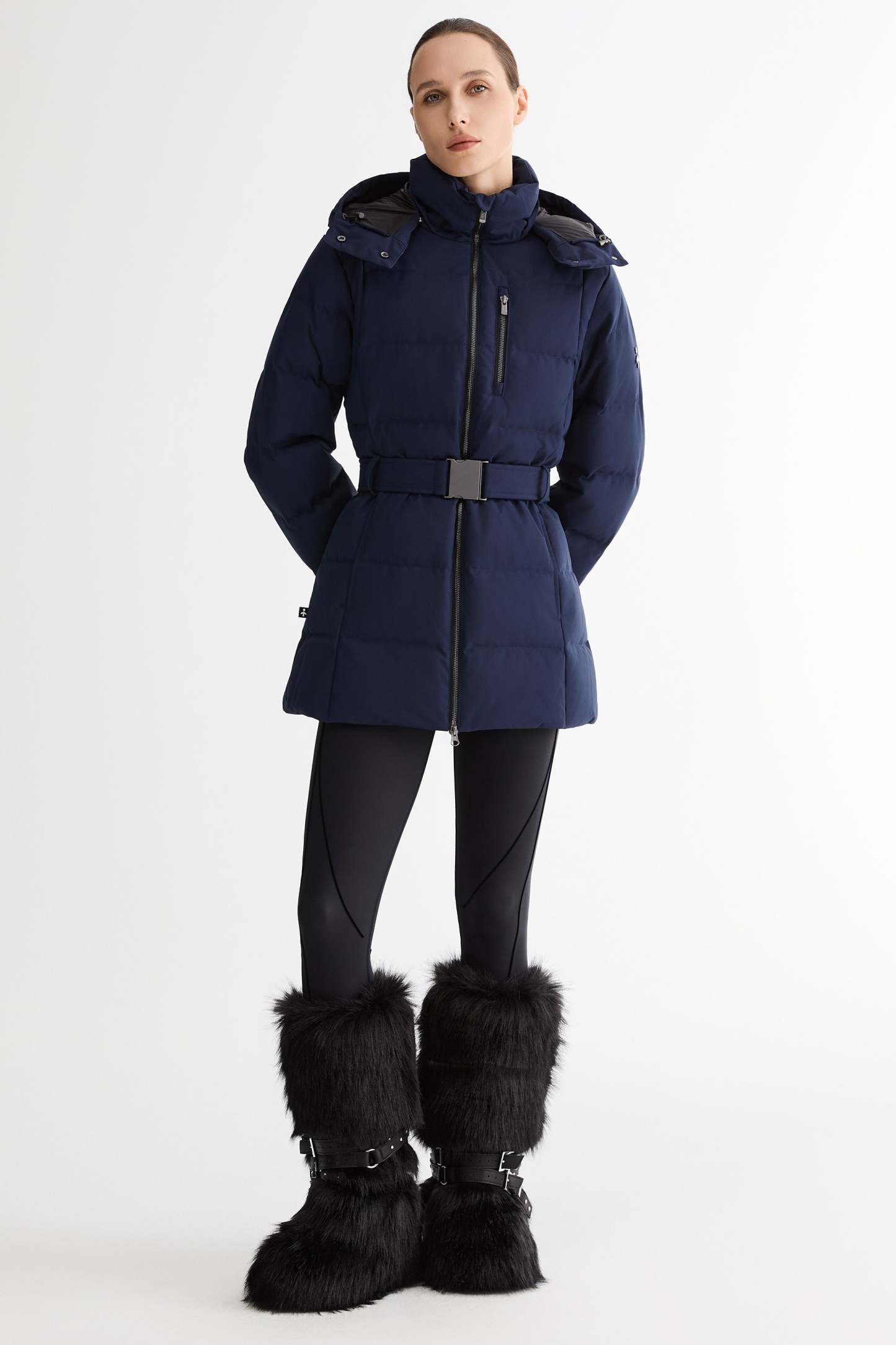 Celeste Polished Edge Belted Hooded Down Jacket