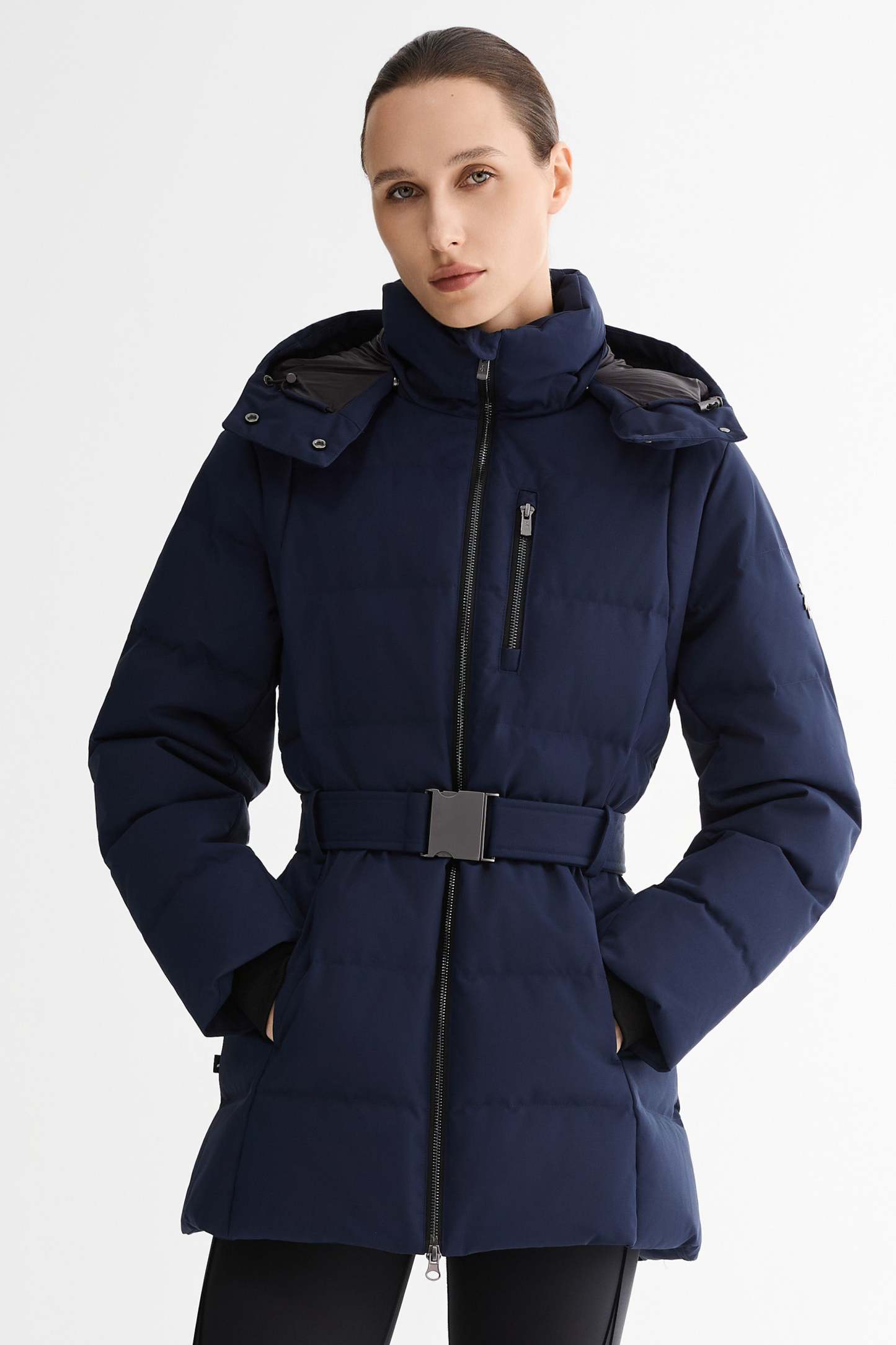 Celeste Polished Edge Belted Hooded Down Jacket