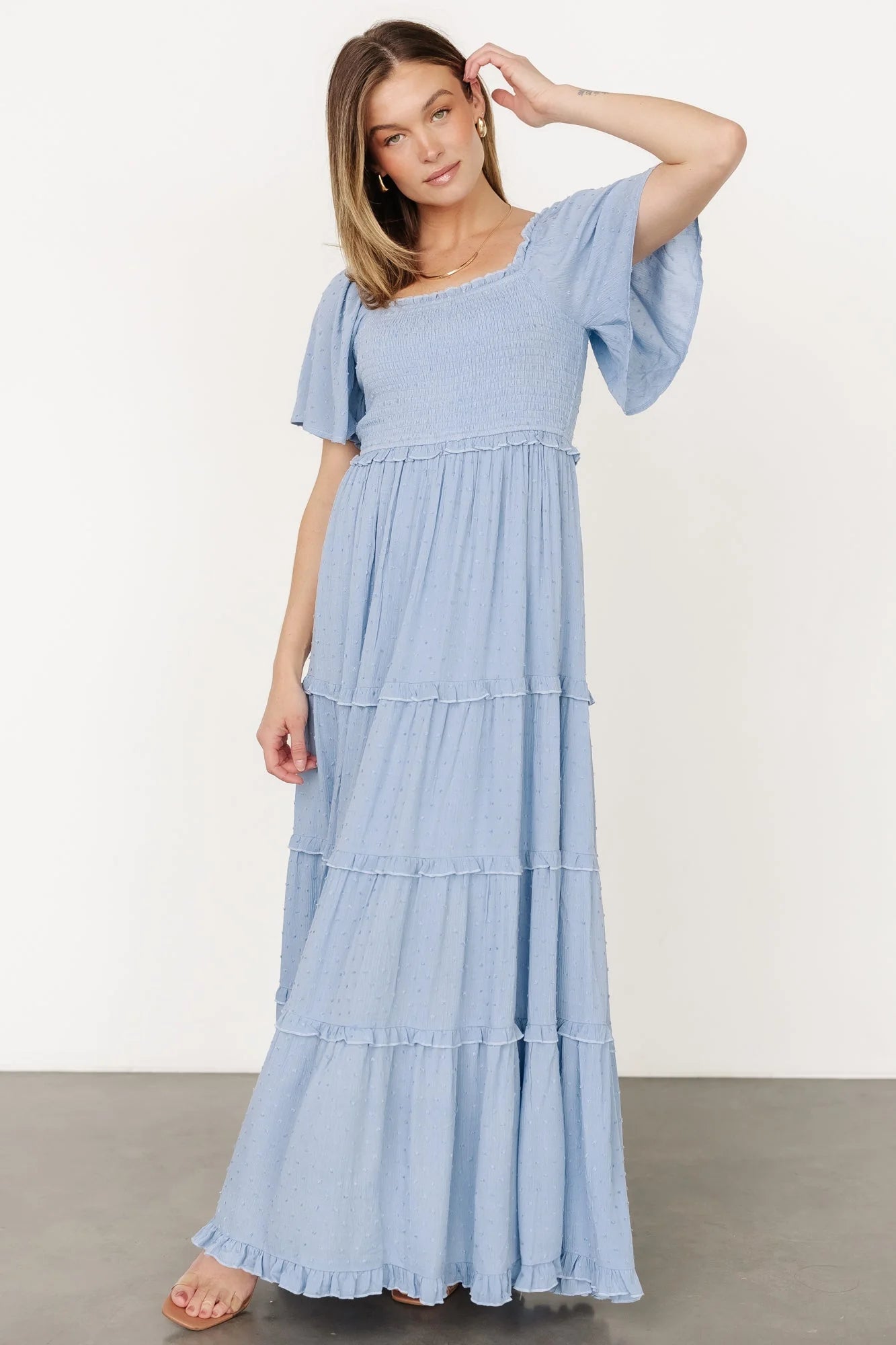 Lenora Smocked Dotted Maxi Dress | Dusty Blue