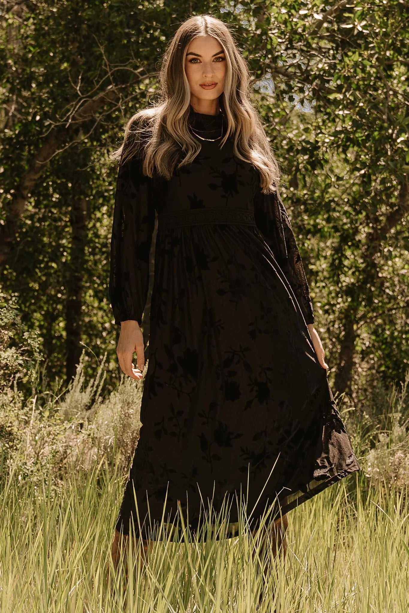 Christine Velvet Embossed Midi Dress | Black