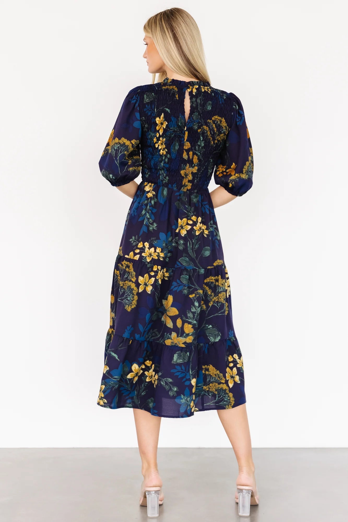 Lena Tiered Midi Dress | Navy + Gold Floral