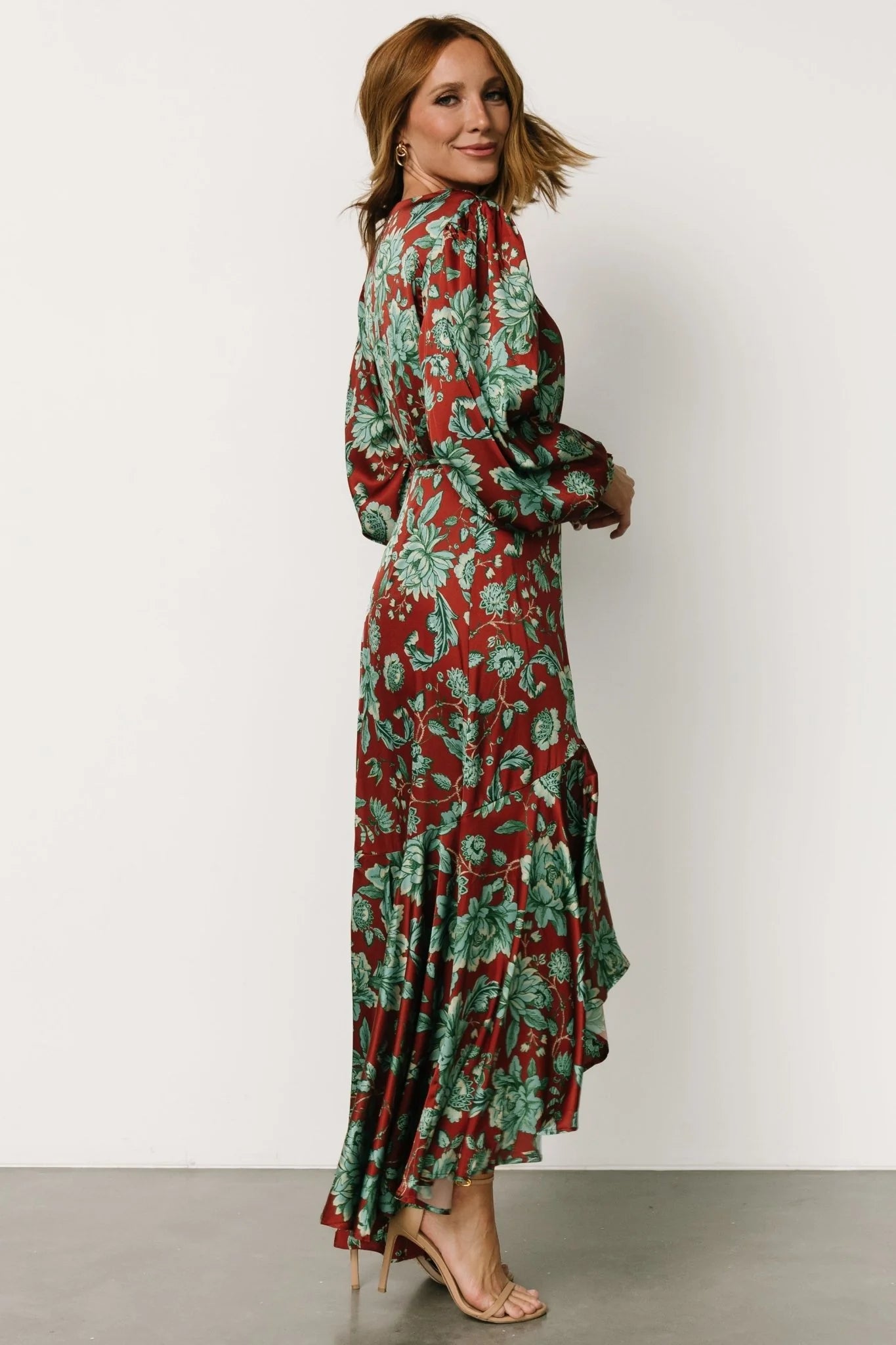 Lavinia Ruffle Maxi Dress | Rust + Green Floral