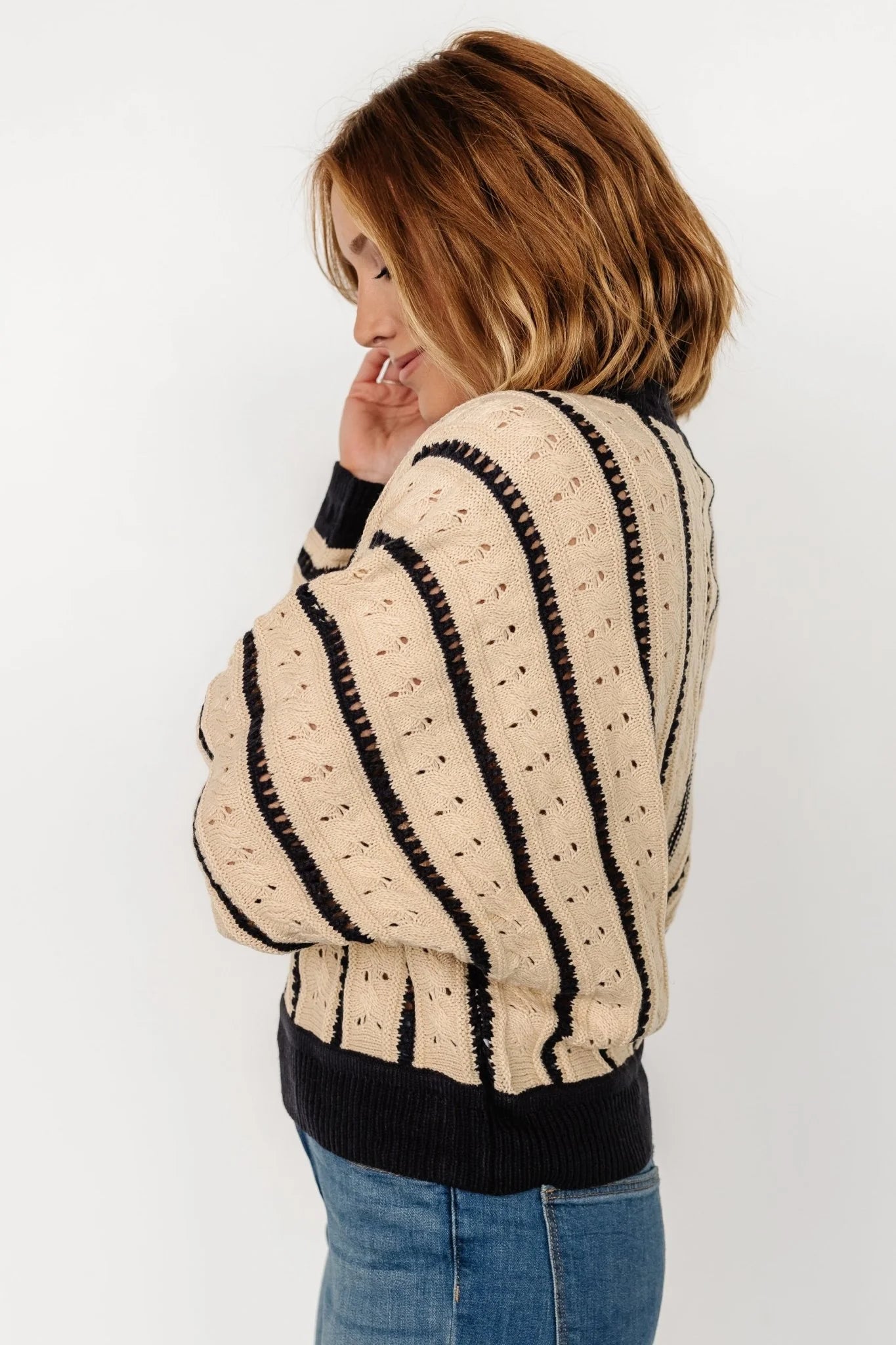 Paola Pointelle Sweater | Beige + Navy