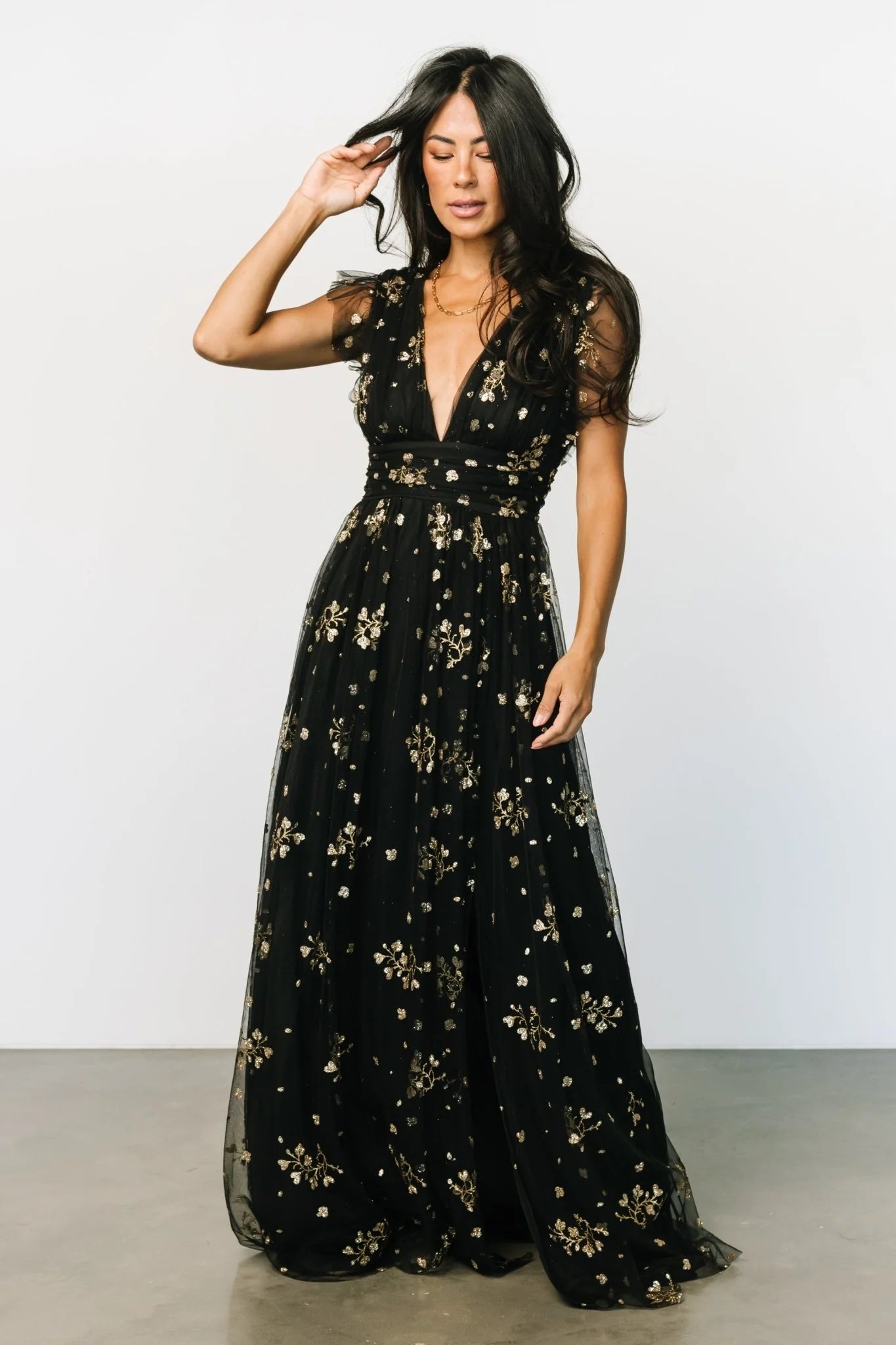 Natalia Floral Embellished Maxi Dress | Black + Gold
