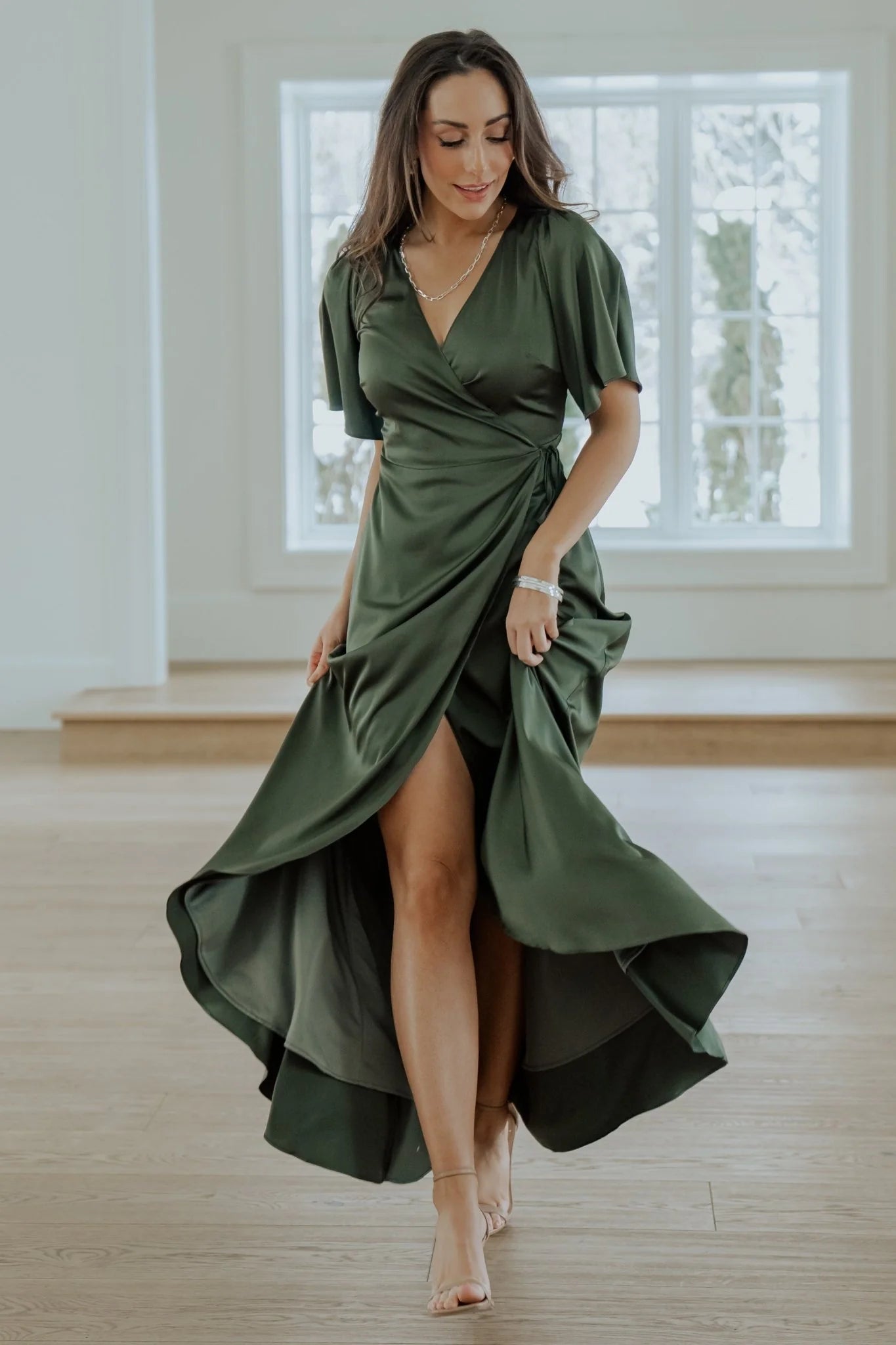 Vara Satin Maxi Wrap Dress | Juniper Green