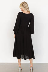 Lainey Smocked Dotted Midi Dress | Black