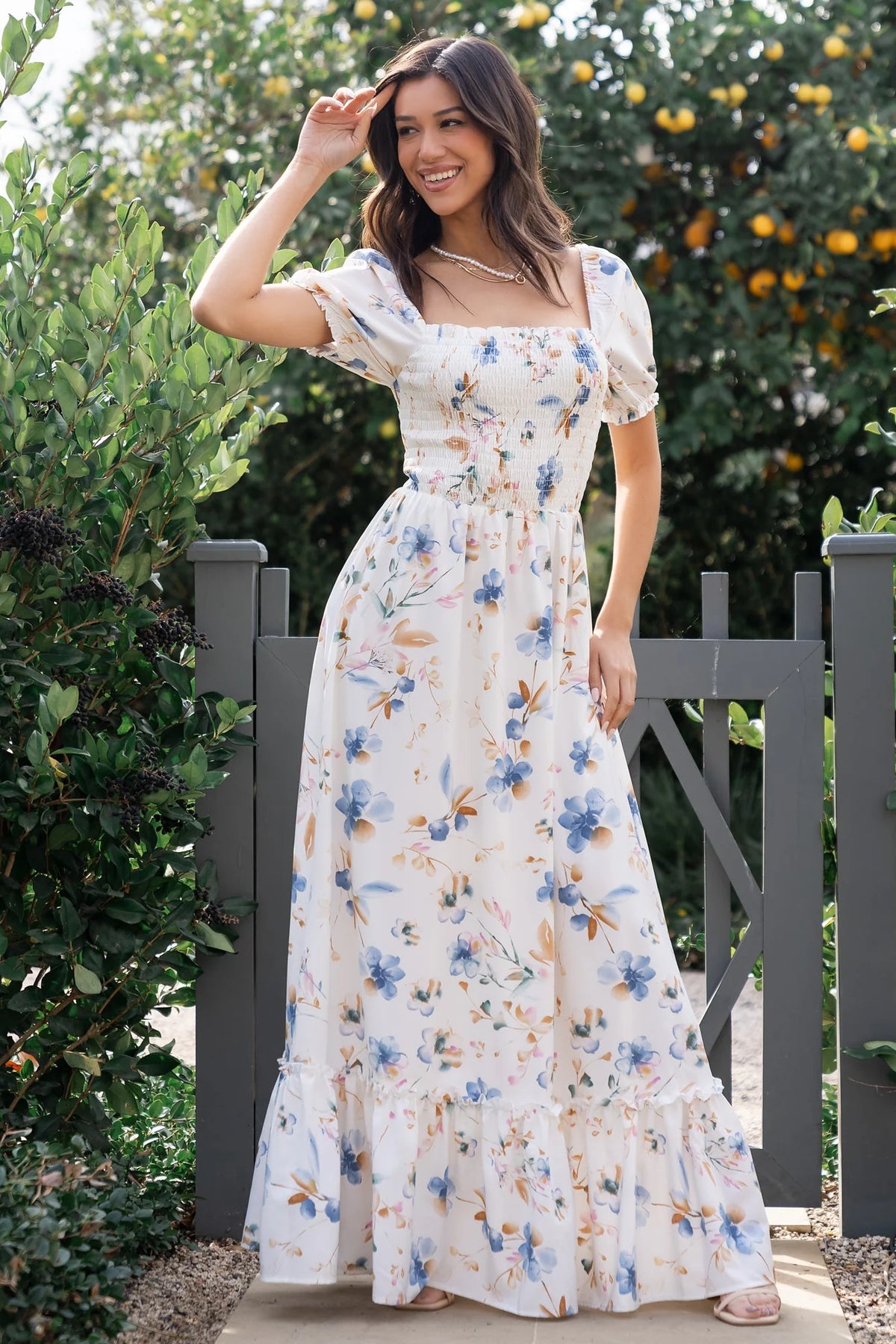 Capri Smocked Maxi Dress | White Multi Print