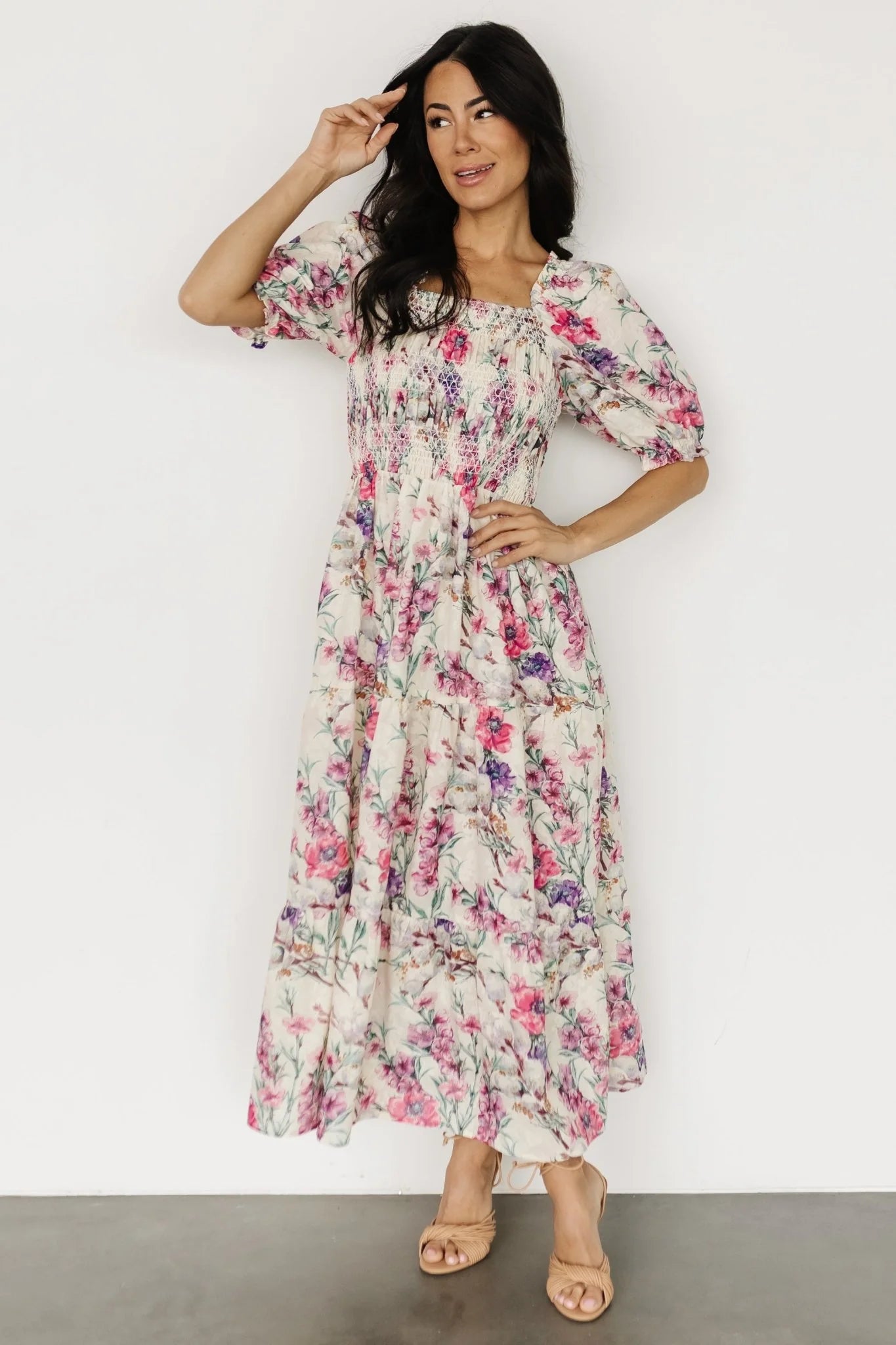 Tulsa Smocked Dress | Cream + Pink