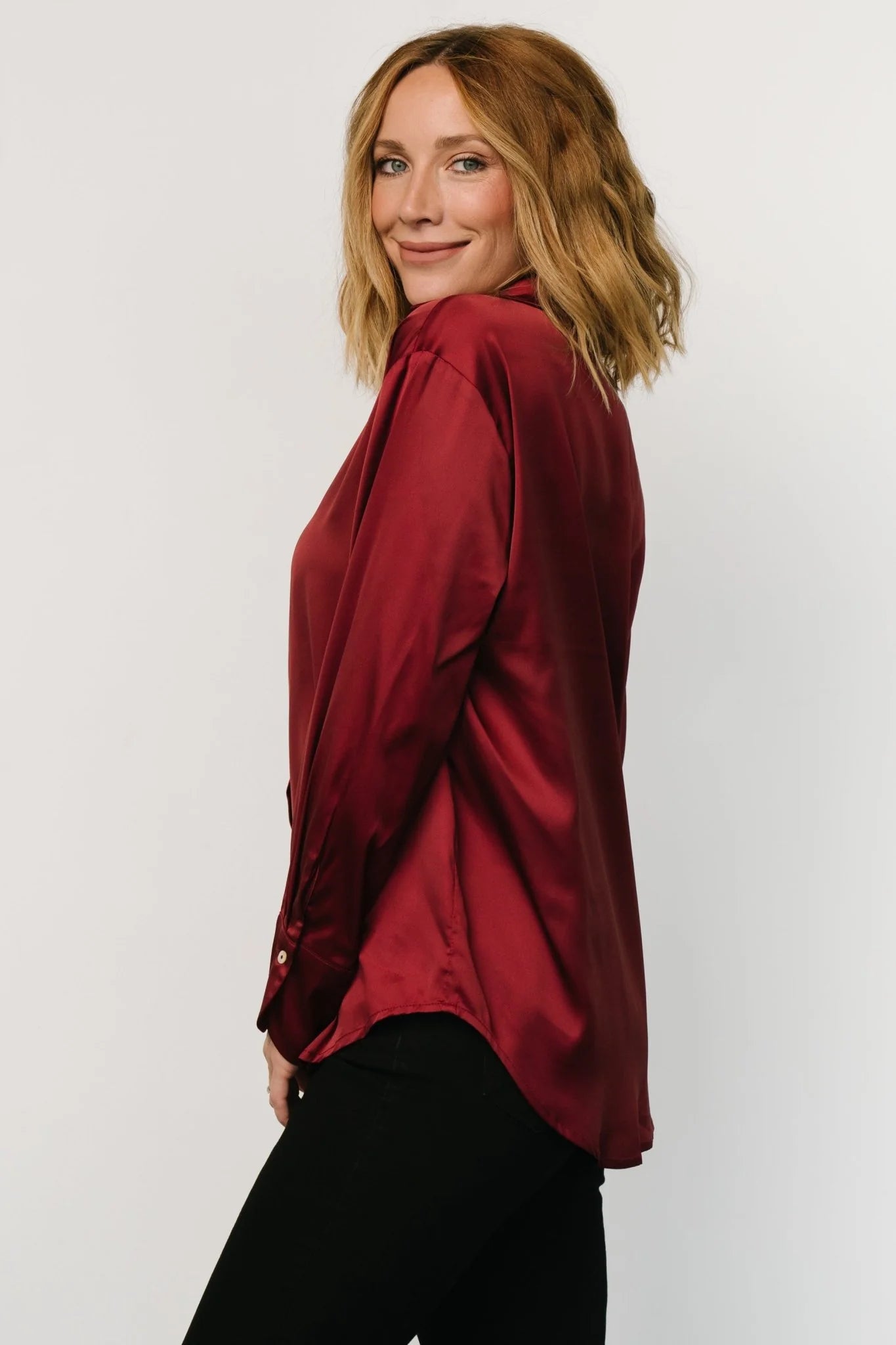 Kacey Satin Button Up Top | Burgundy
