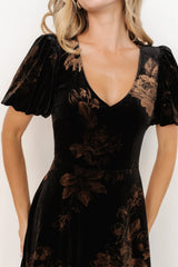 Janna Velvet Midi Dress | Black + Bronze Floral