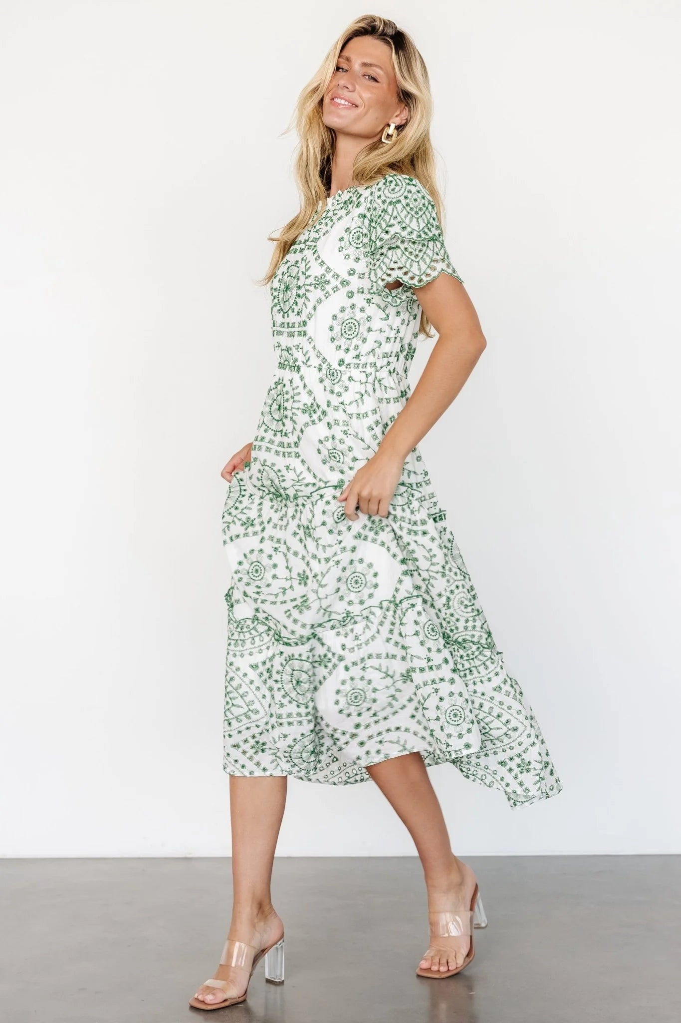 Mirabel Eyelet Midi Dress | White + Green