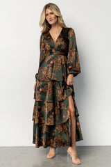 Montrouge Tiered Satin Dress | Olive Floral