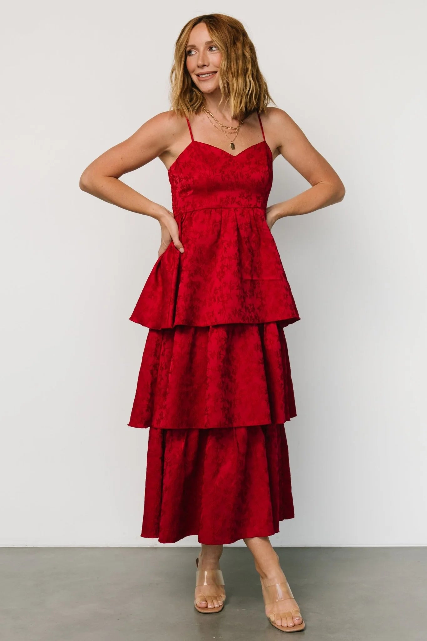Violetta Embossed Tiered Dress | Deep Red