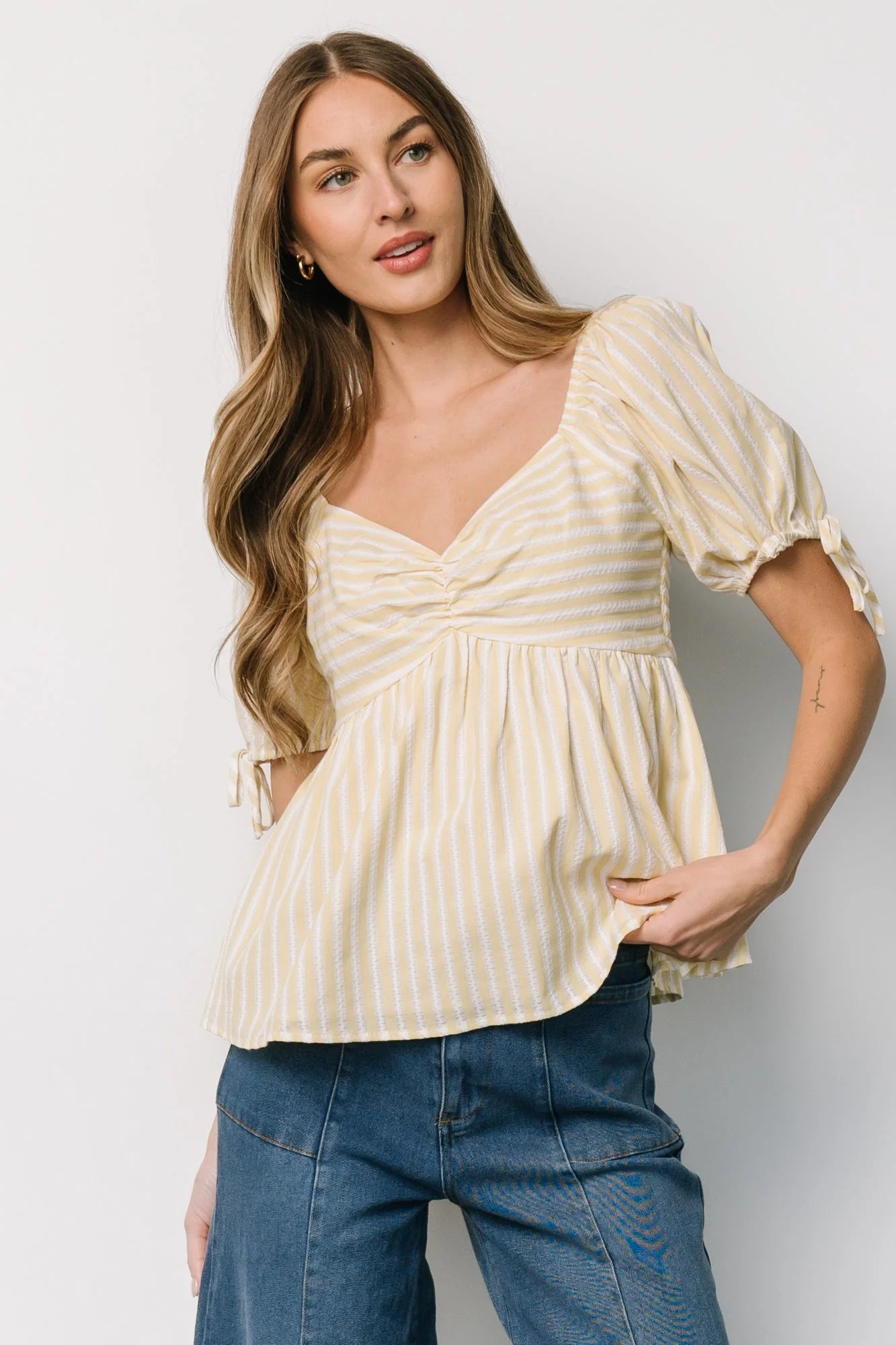 Betsy Peplum Top | Yellow + White Stripe