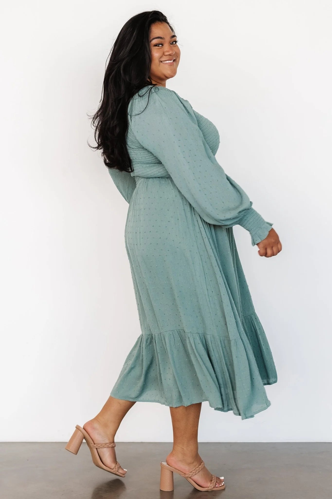 Lainey Smocked Dotted Midi Dress | Dark Sage