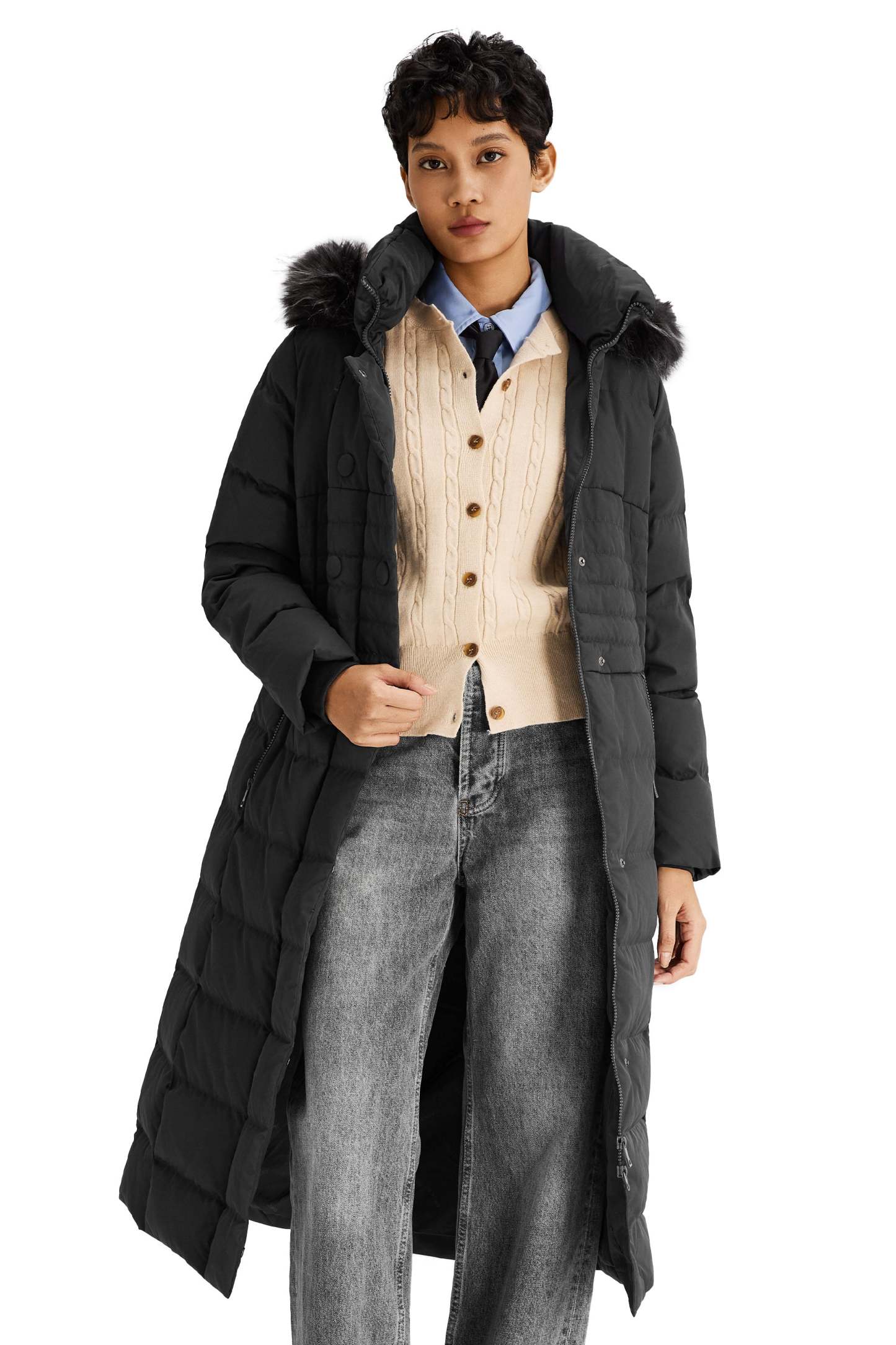 Long Puffer Down Coat with Hood Fur
