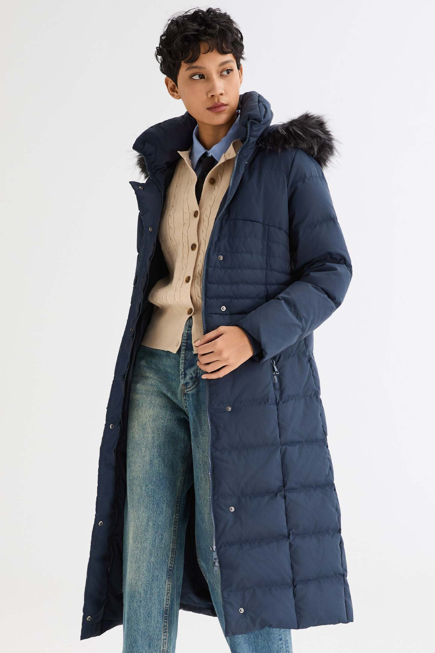 Long Puffer Down Coat with Hood Fur