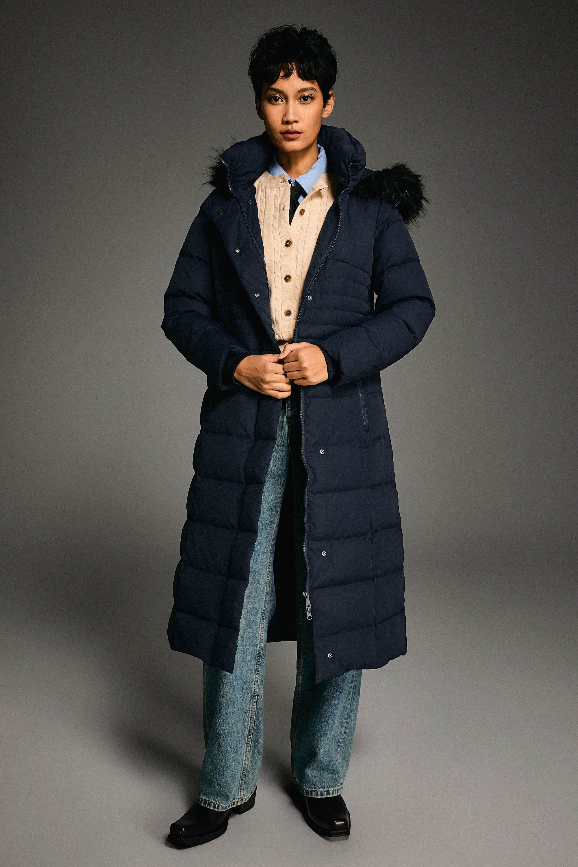 Long Puffer Down Coat with Hood Fur