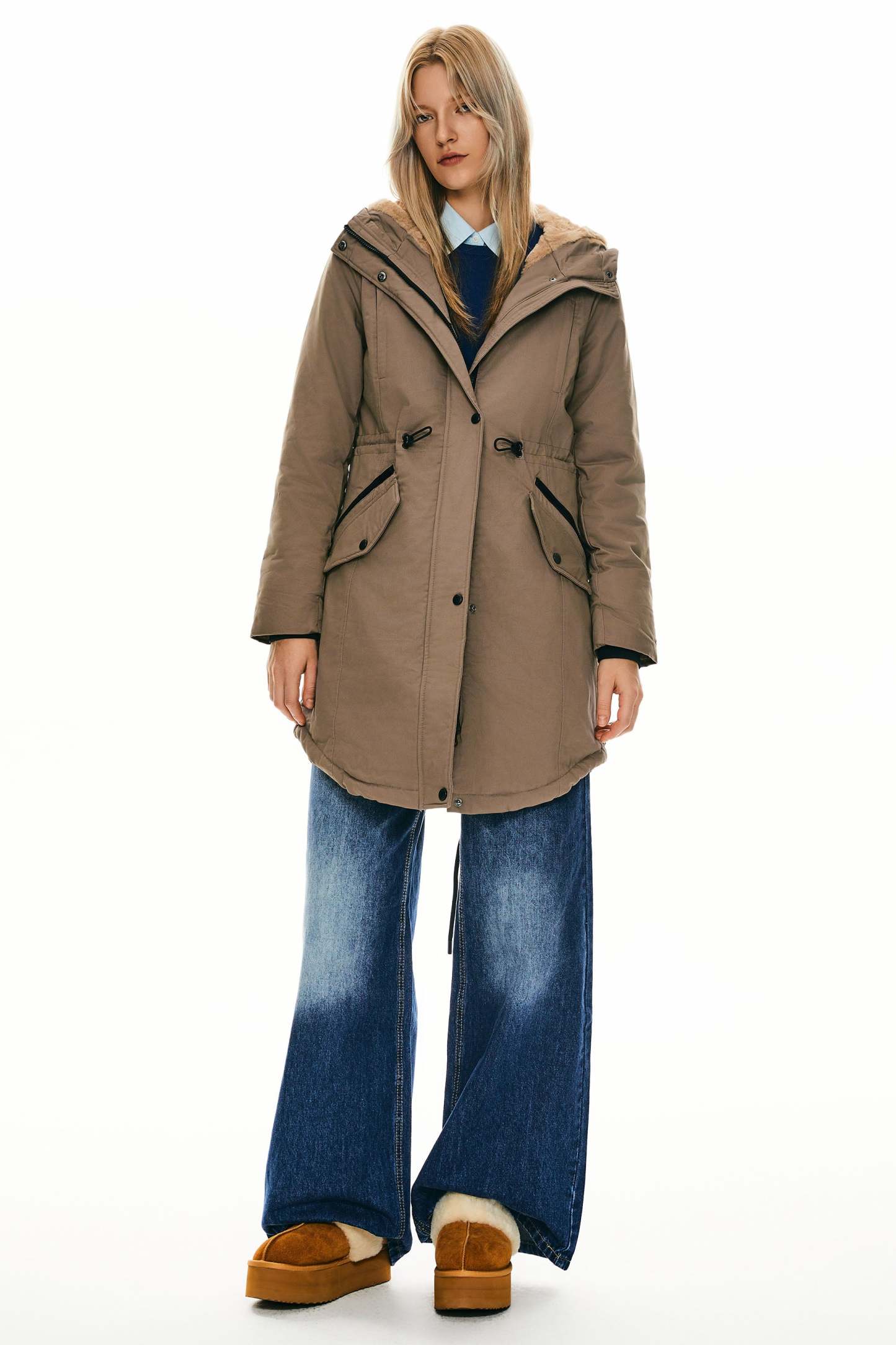 Fleece-Lined Hooded Parka Jacket with Pockets