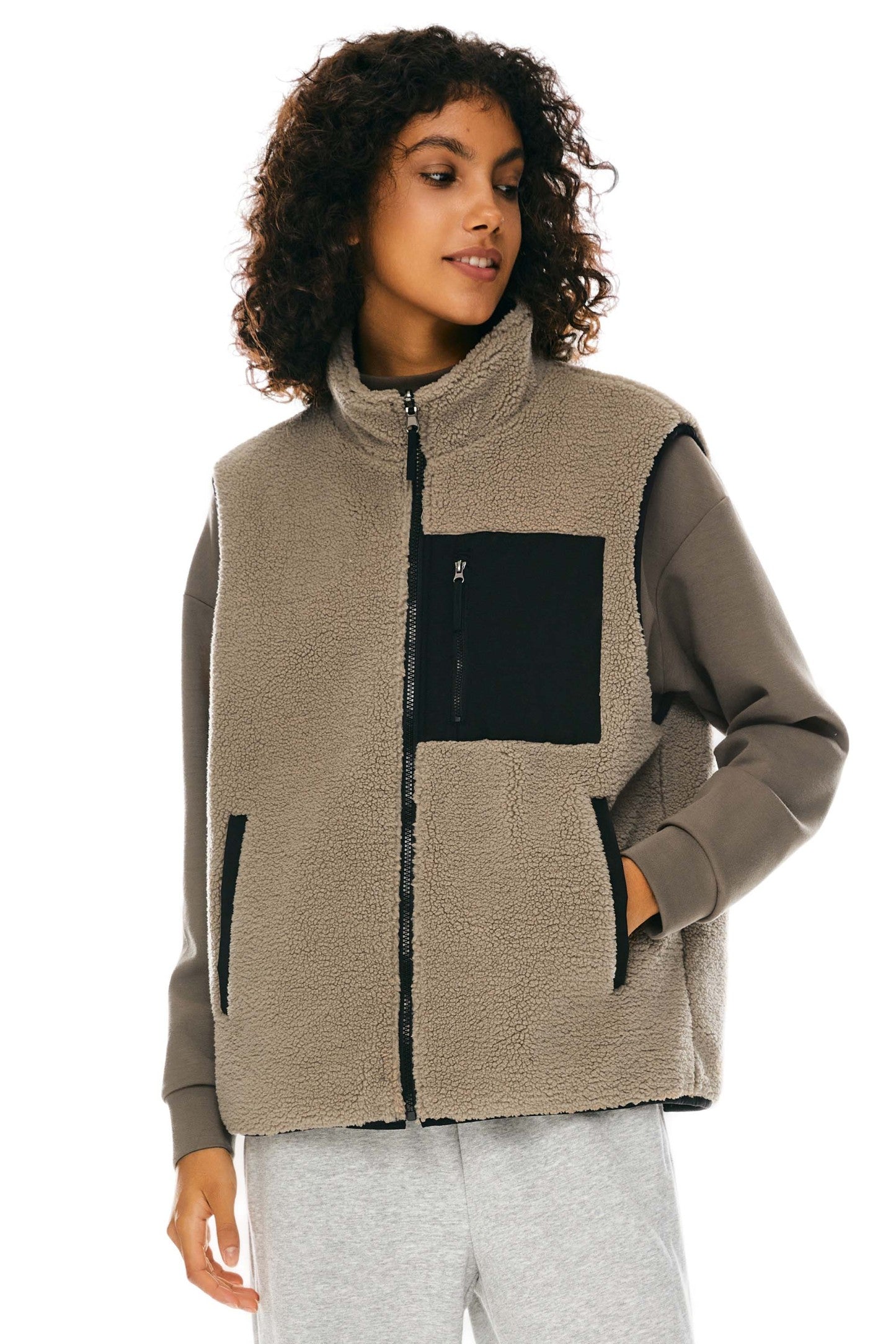 Oversized Fleece Reversible Vest Sherpa with Pockets