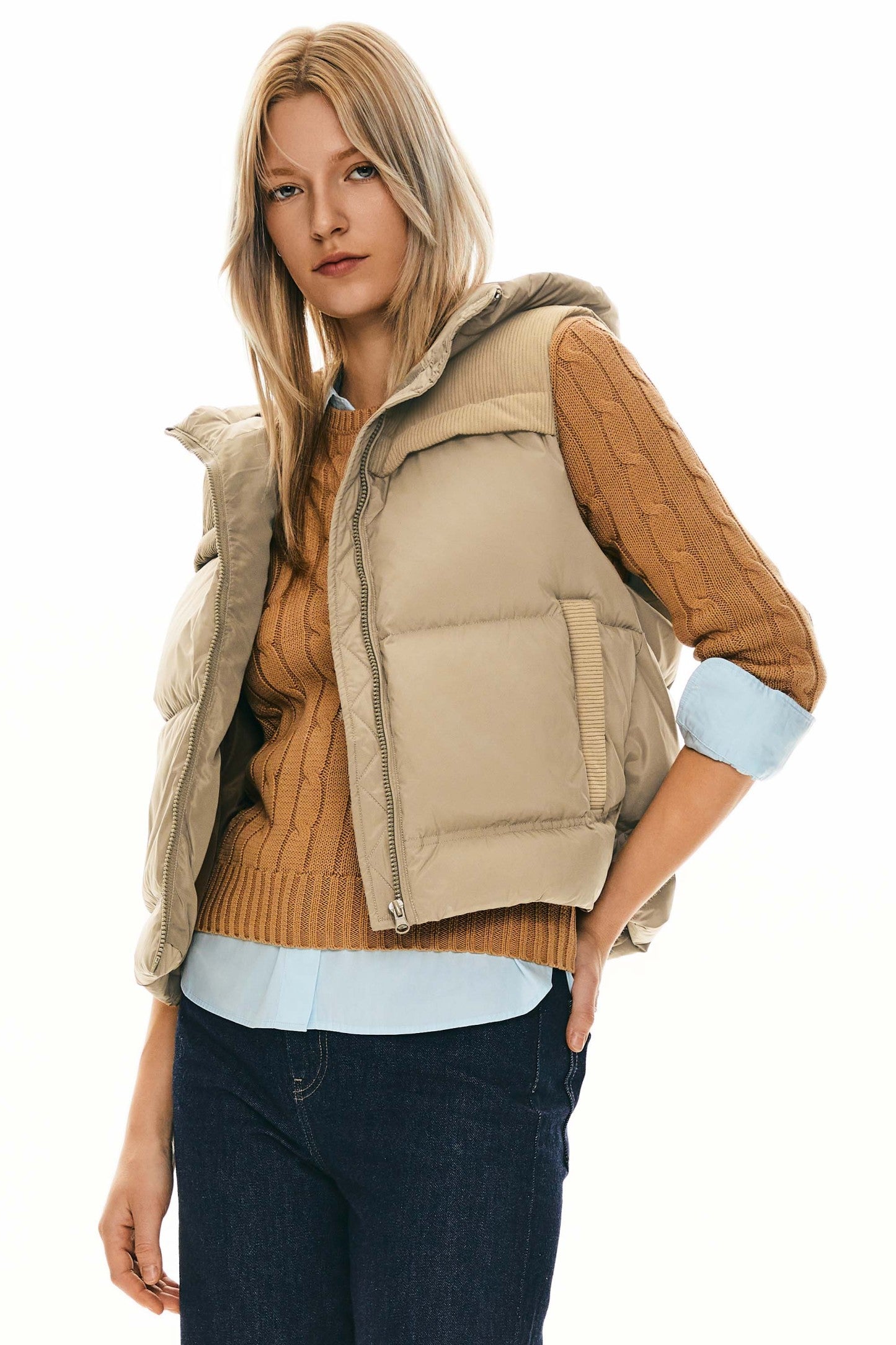Hooded Puffer Down Vest Cropped Zip Up Lightweight