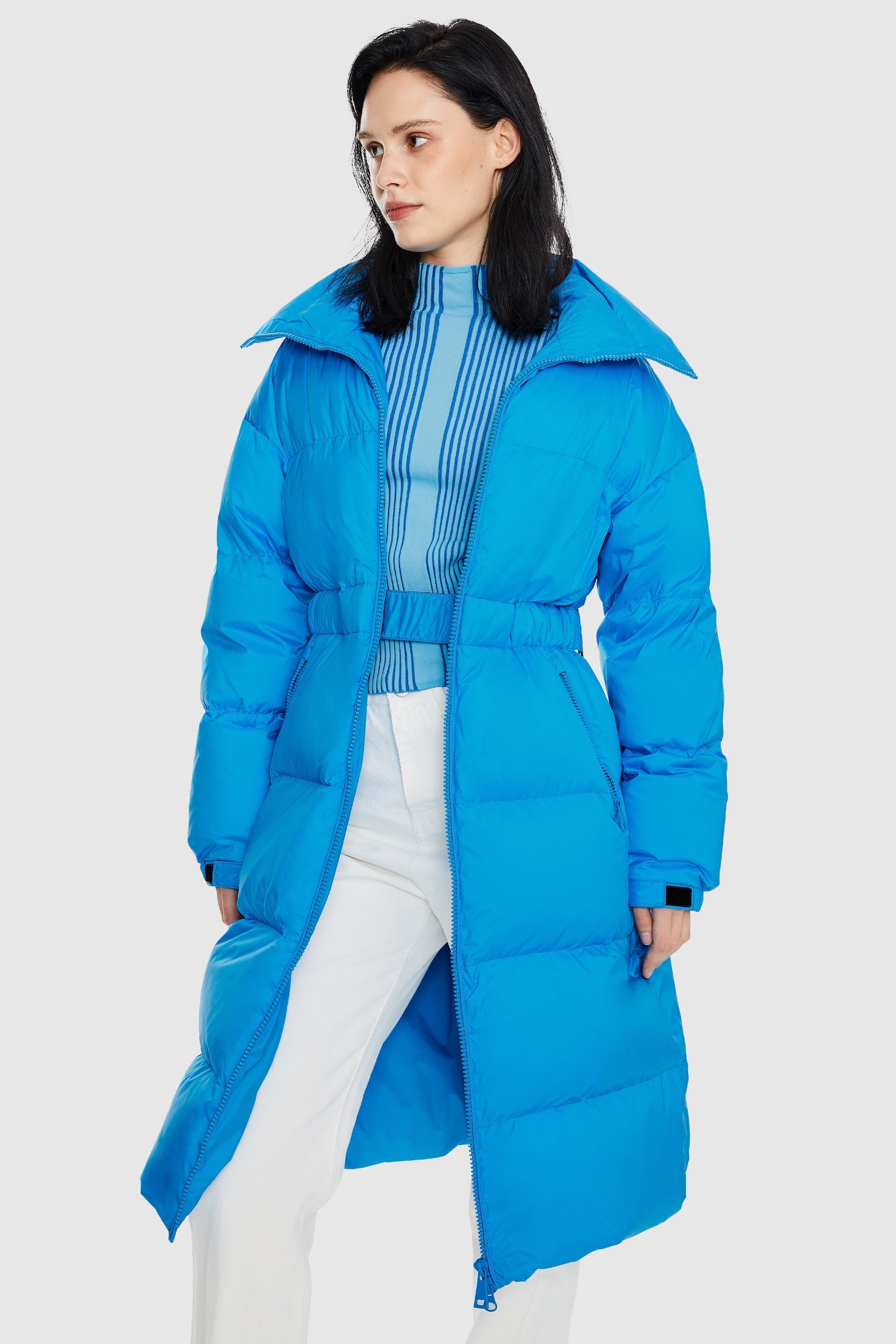 Long Down Puffer Jacket with Velcro Belt