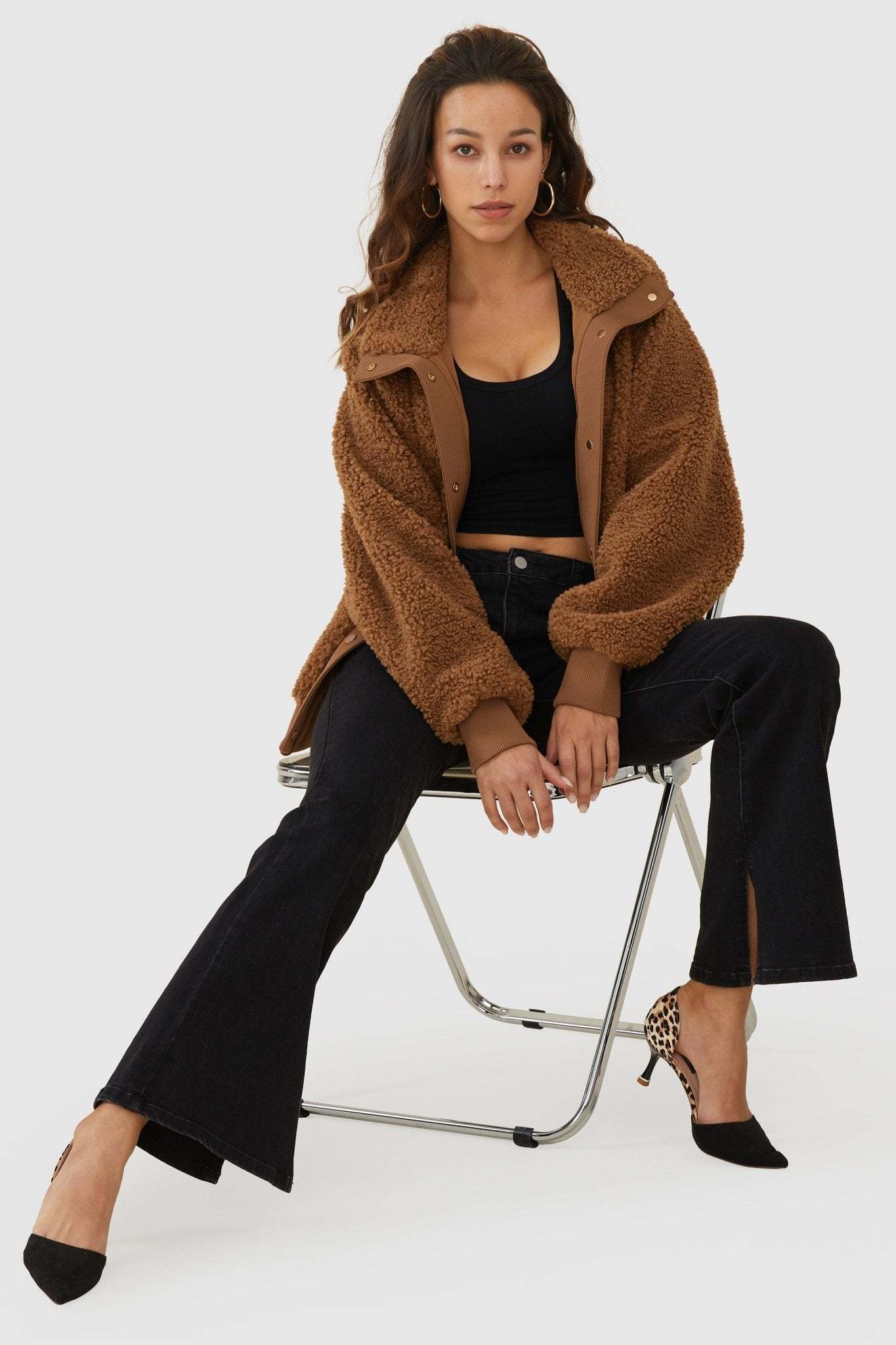 Oversized Snap Button Sherpa Coat